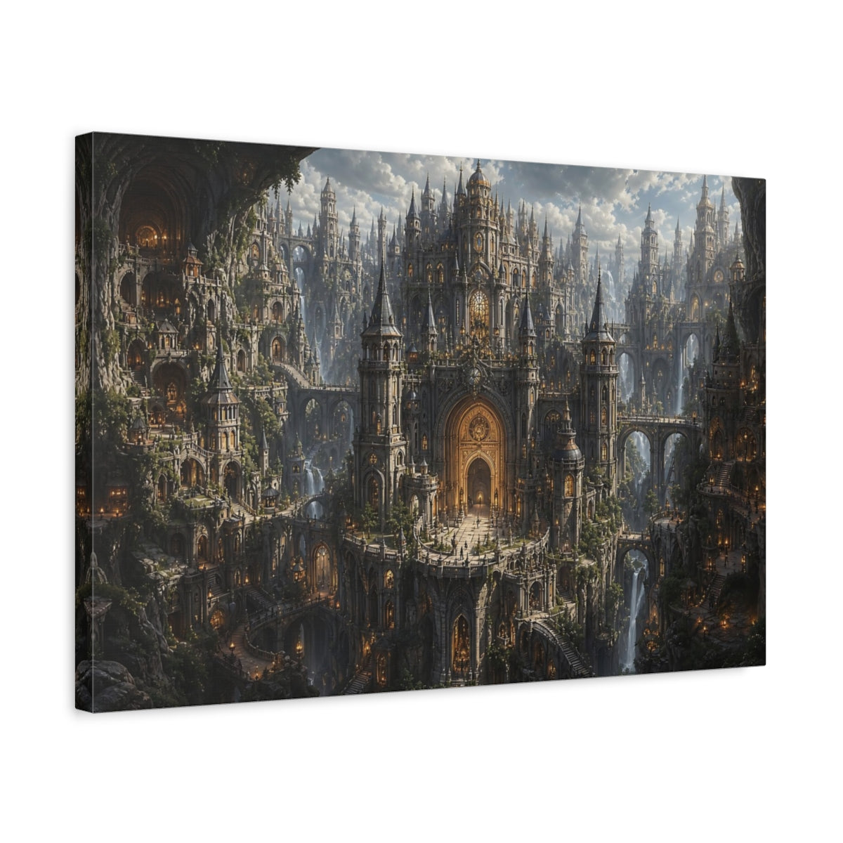 Side Mockup 3. Science Fiction Fantasy City Gray And Gold shown as stretched canvas wall art