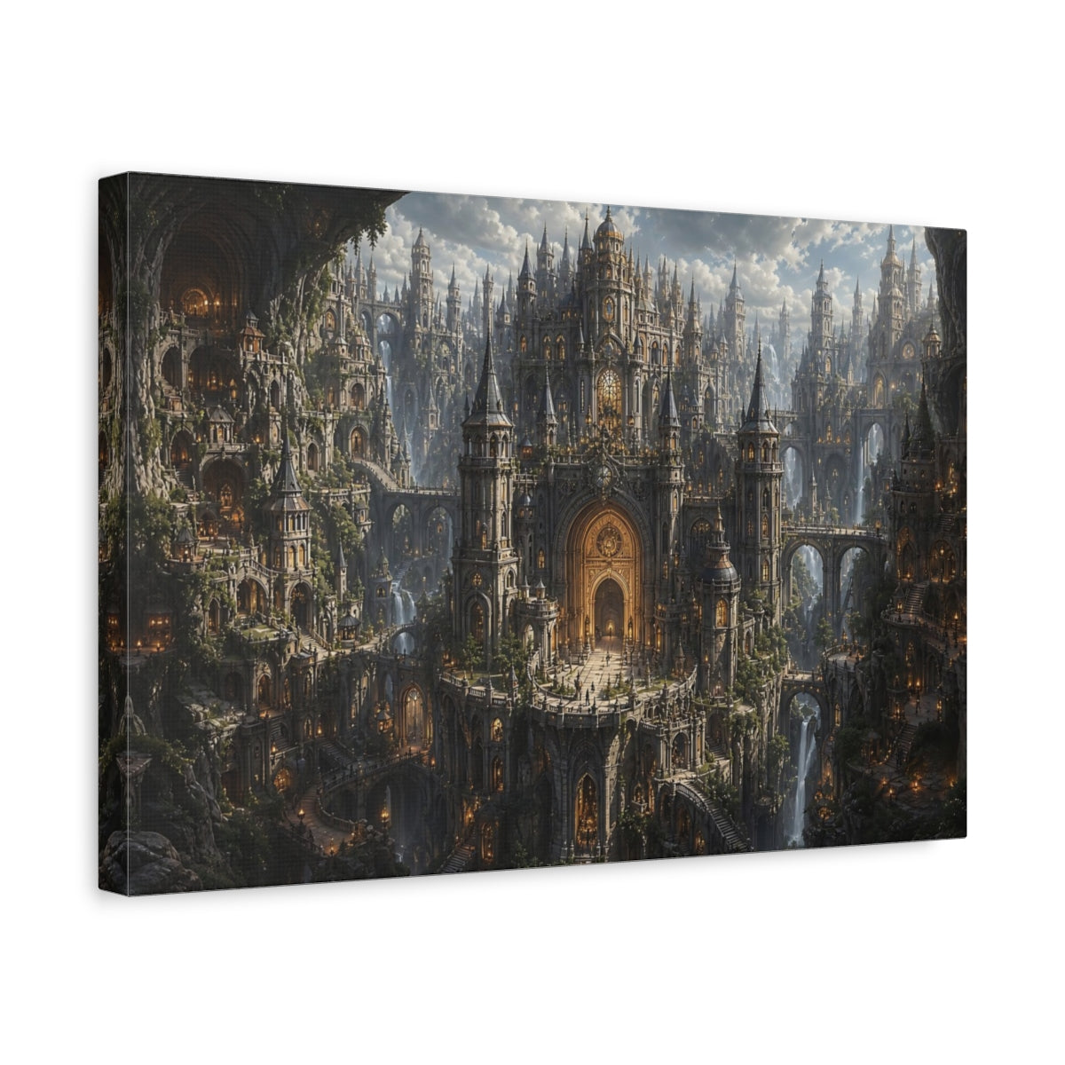 Side Mockup 4. Science Fiction Fantasy City Gray And Gold shown as stretched canvas wall art