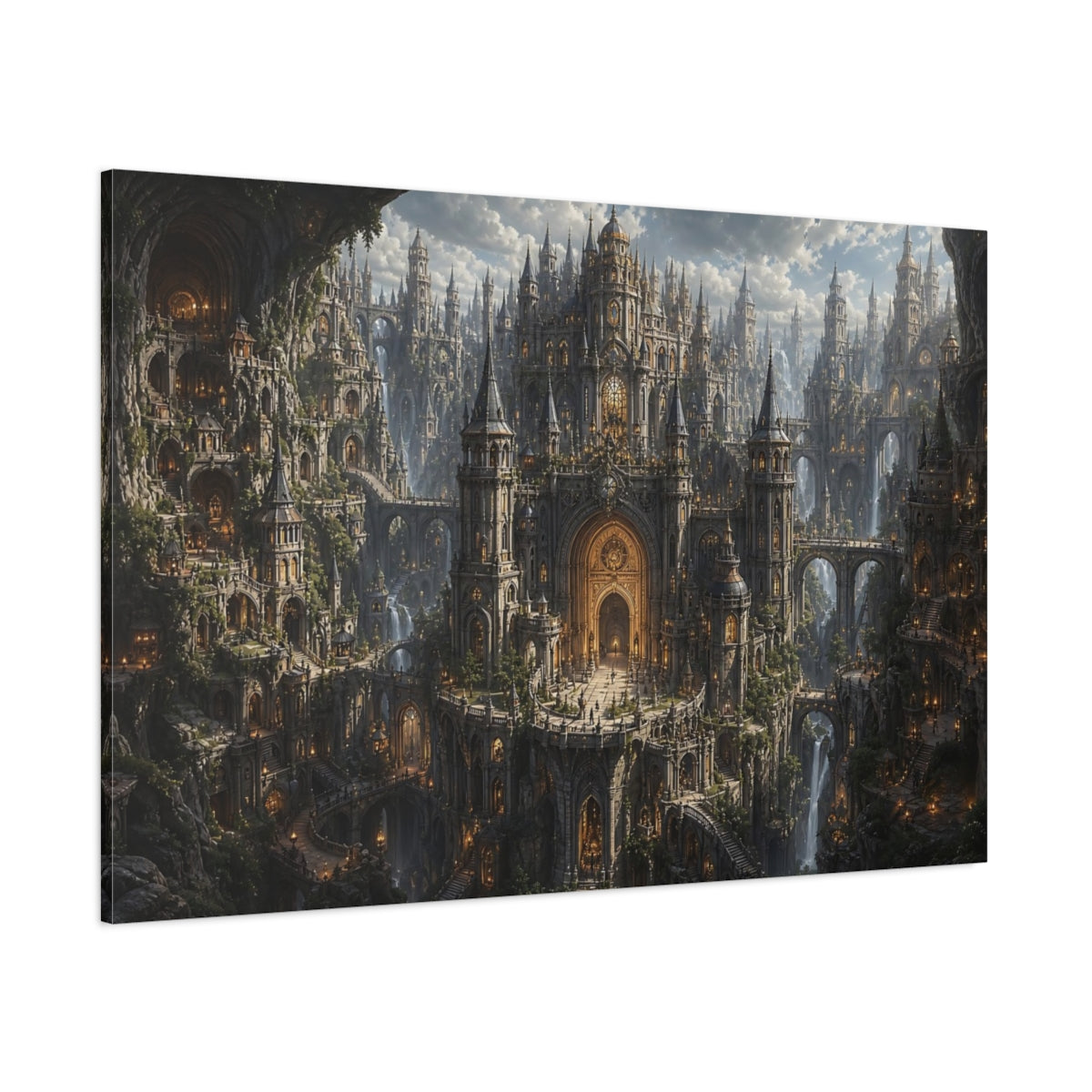 Side Mockup 1. Science Fiction Fantasy City Gray And Gold shown as stretched canvas wall art