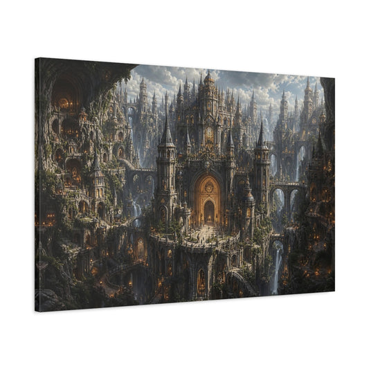 Main Mockup. Science Fiction Fantasy City Gray And Gold shown as stretched canvas wall art