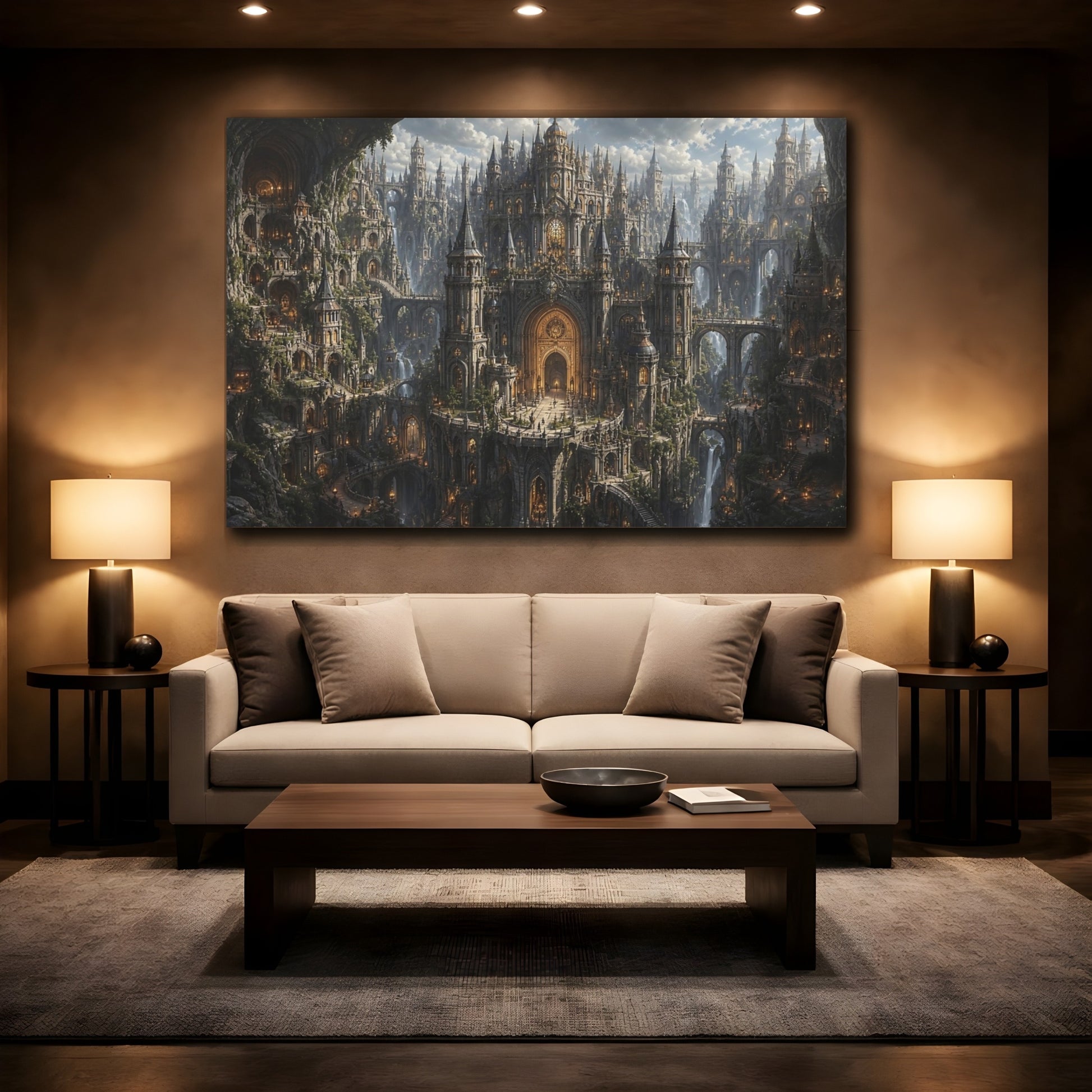 Mockup 2. Science Fiction Fantasy City Gray And Gold shown as stretched canvas wall art