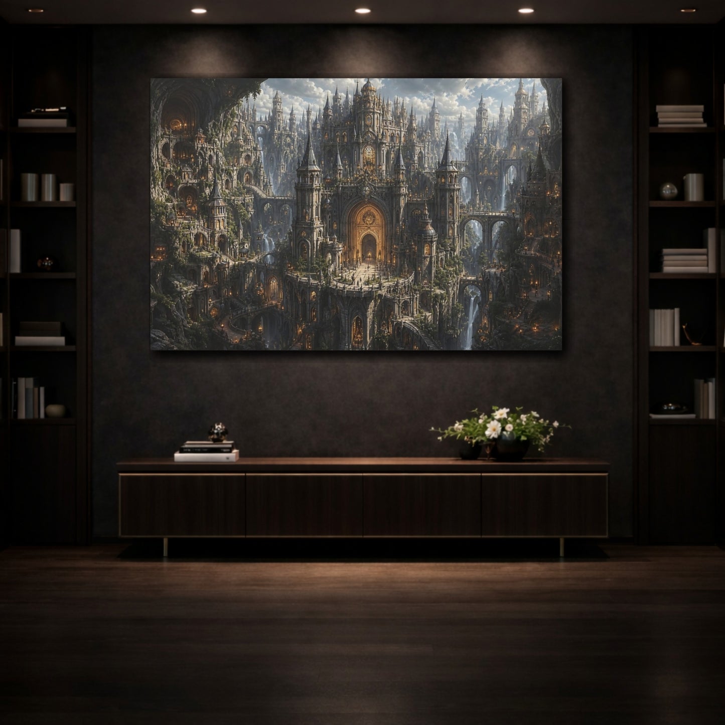 Mockup 3. Science Fiction Fantasy City Gray And Gold shown as stretched canvas wall art