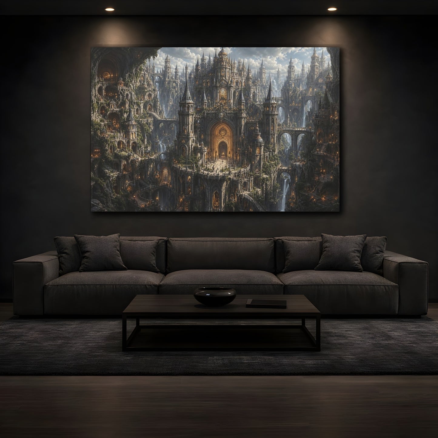 Mockup 4. Science Fiction Fantasy City Gray And Gold shown as stretched canvas wall art