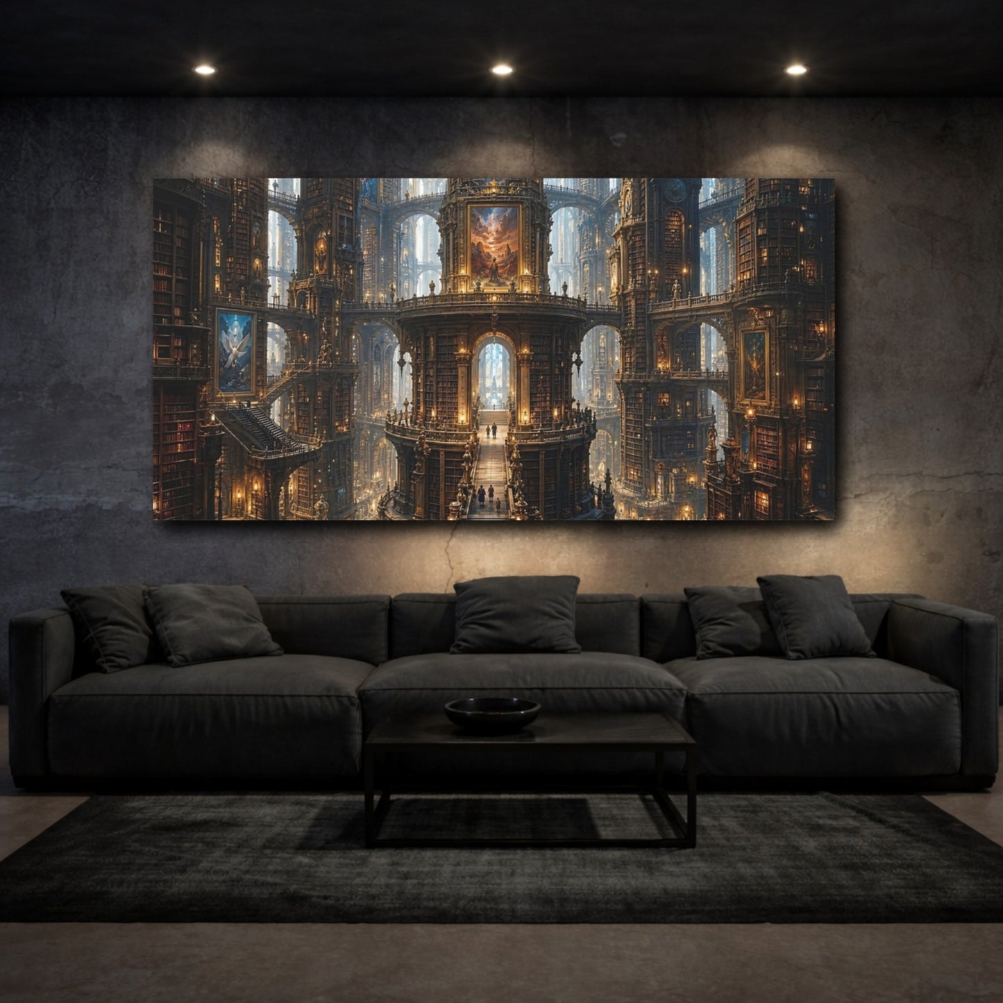 Mockup 2. Science Fiction Fantasy Library Ornate Golden Library shown as stretched canvas wall art