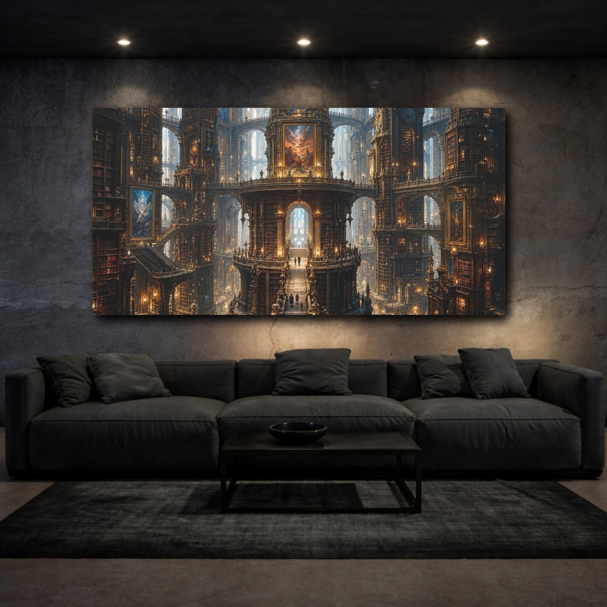 Mockup 2. Science Fiction Fantasy Library Ornate Golden Library shown as stretched canvas wall art