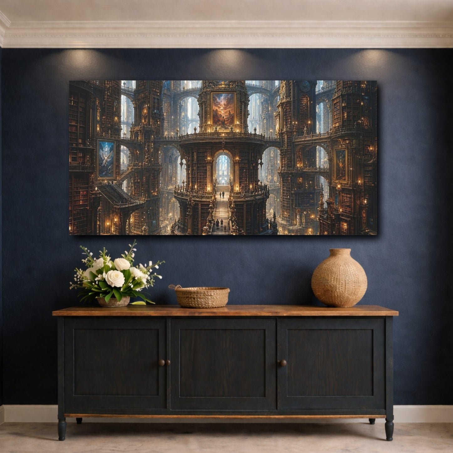 Mockup 4. Science Fiction Fantasy Library Ornate Golden Library shown as stretched canvas wall art