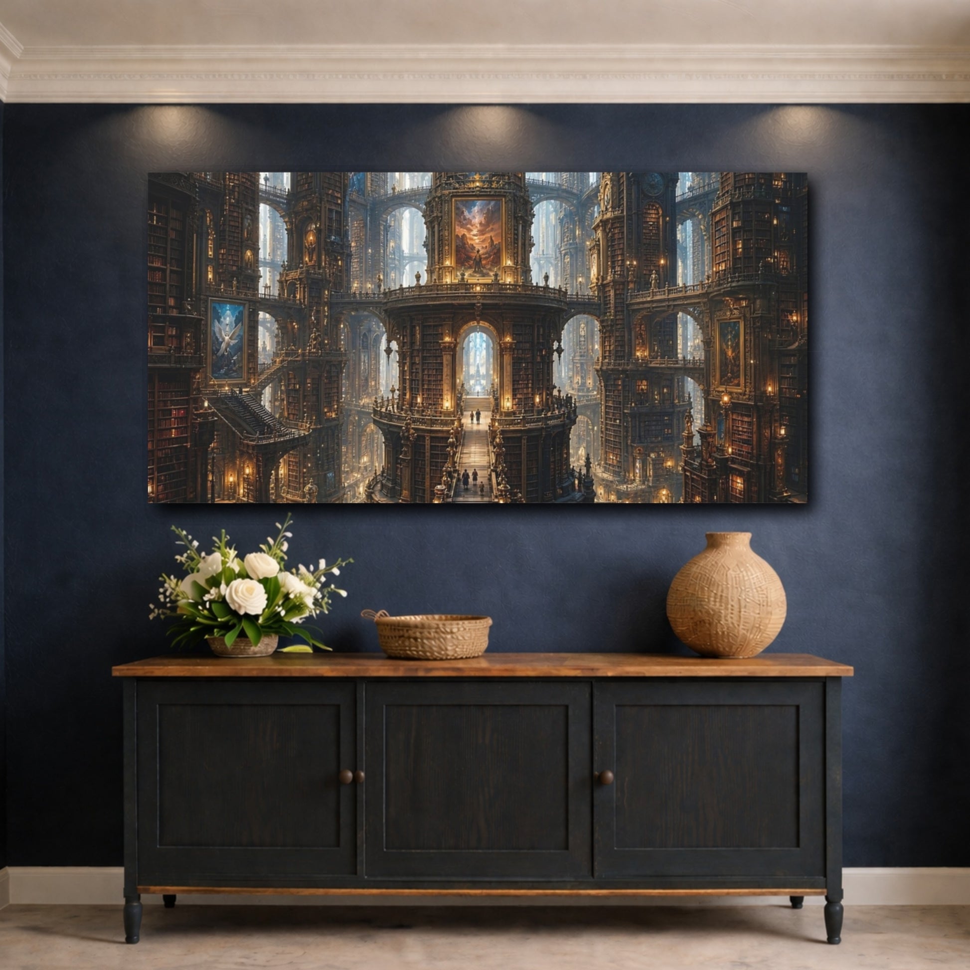 Mockup 4. Science Fiction Fantasy Library Ornate Golden Library shown as stretched canvas wall art