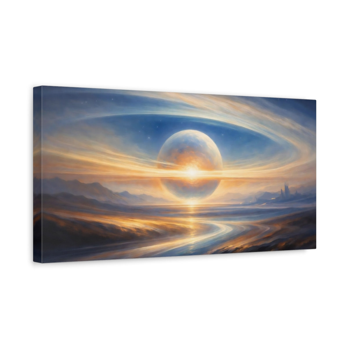 Side Mockup 3. Science Fiction Fantasy Planet Blue And Gold Planet shown as stretched canvas wall art