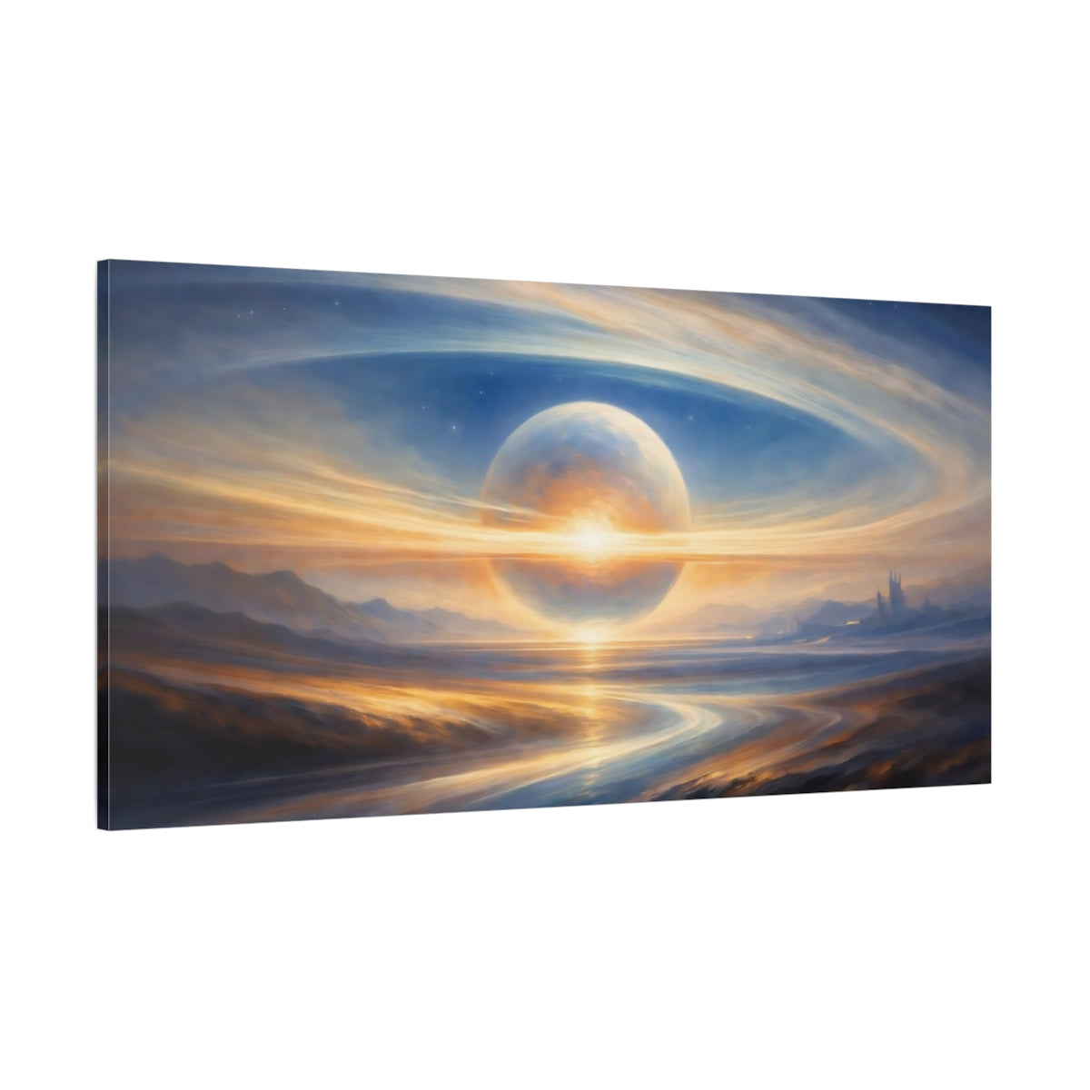 Main Mockup. Science Fiction Fantasy Planet Blue And Gold Planet shown as stretched canvas wall art