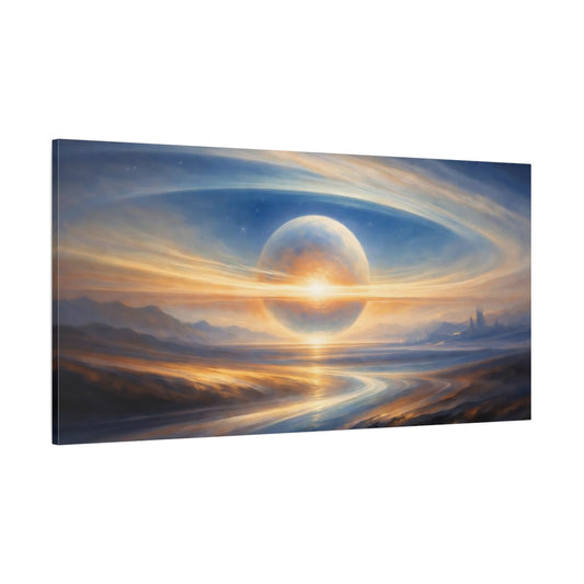 Main Mockup. Science Fiction Fantasy Planet Blue And Gold Planet shown as stretched canvas wall art