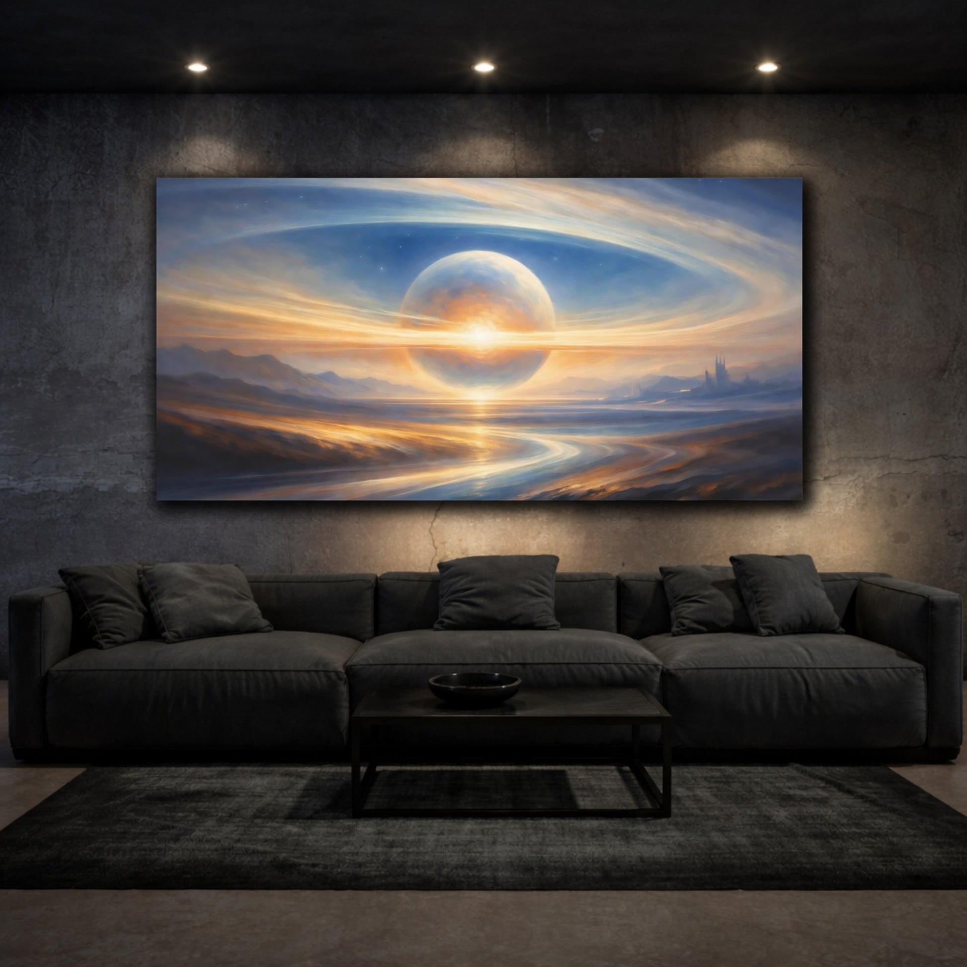 Mockup 2. Science Fiction Fantasy Planet Blue And Gold Planet shown as stretched canvas wall art