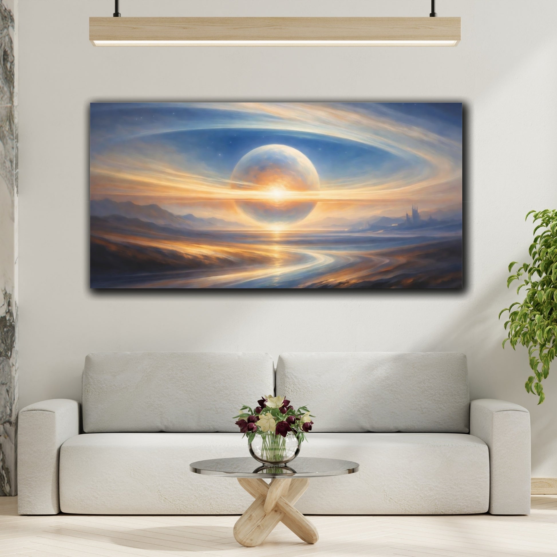 Mockup 3. Science Fiction Fantasy Planet Blue And Gold Planet shown as stretched canvas wall art