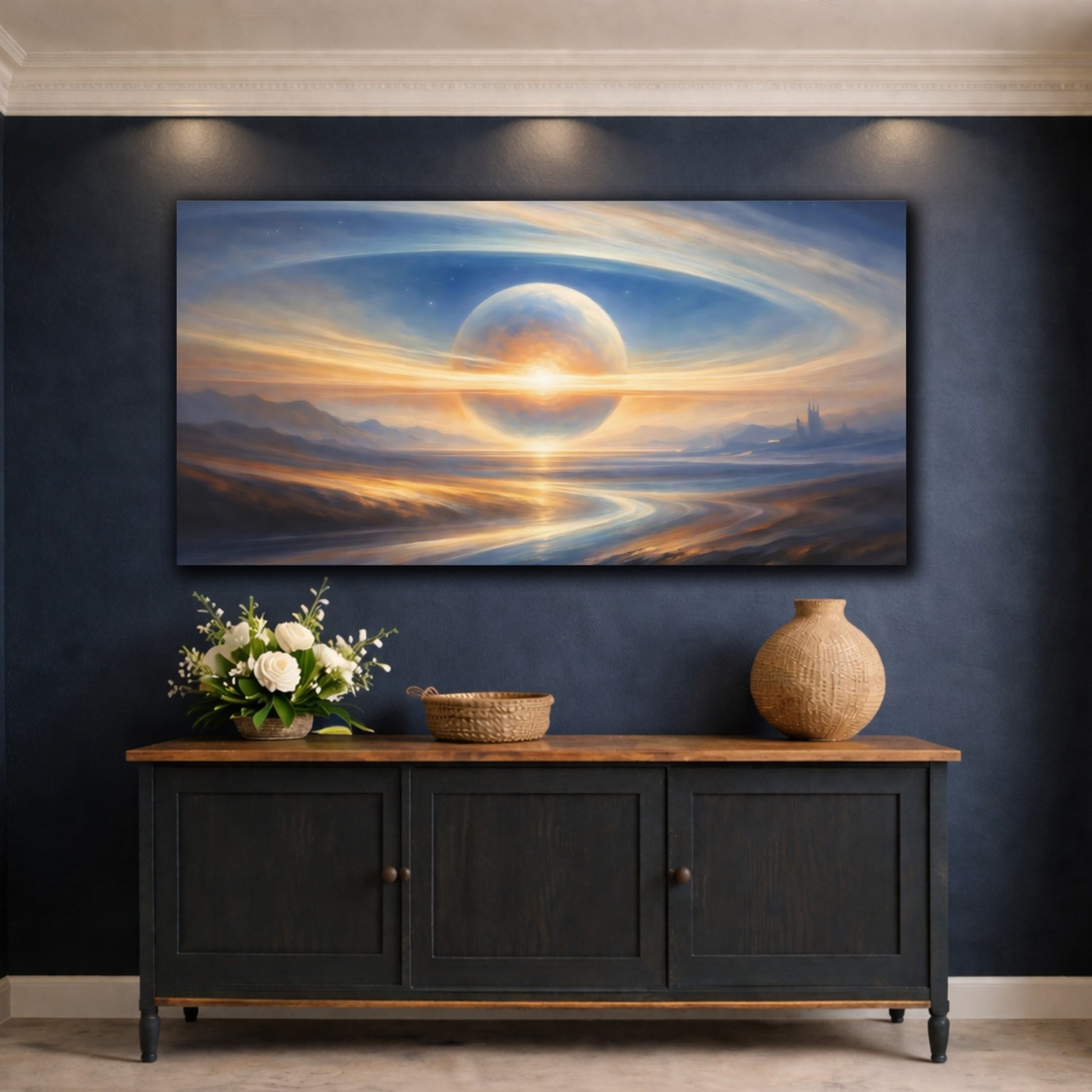 Mockup 4. Science Fiction Fantasy Planet Blue And Gold Planet shown as stretched canvas wall art