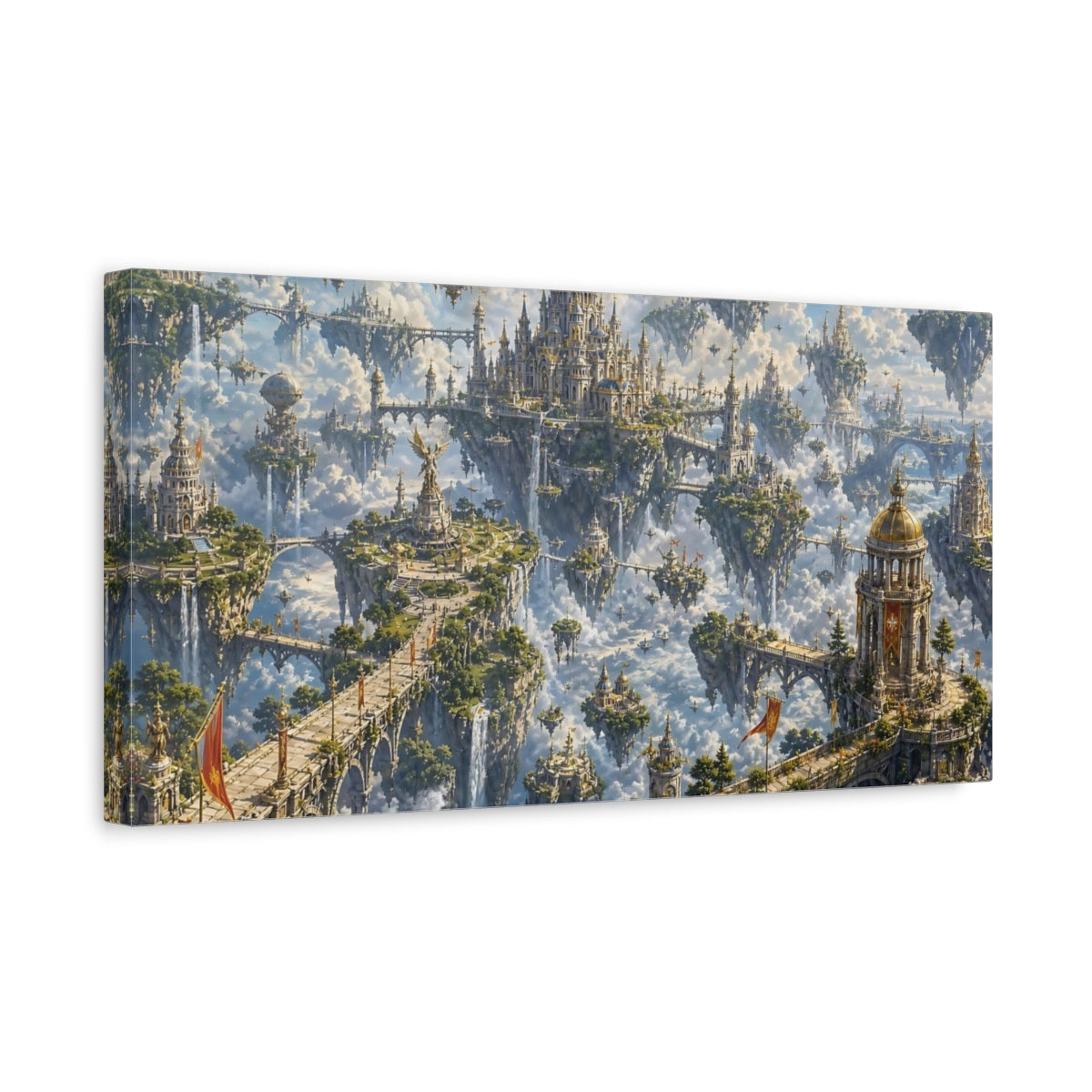 Side Mockup 3. Science Fiction Floating City Blue And Gold shown as stretched canvas wall art