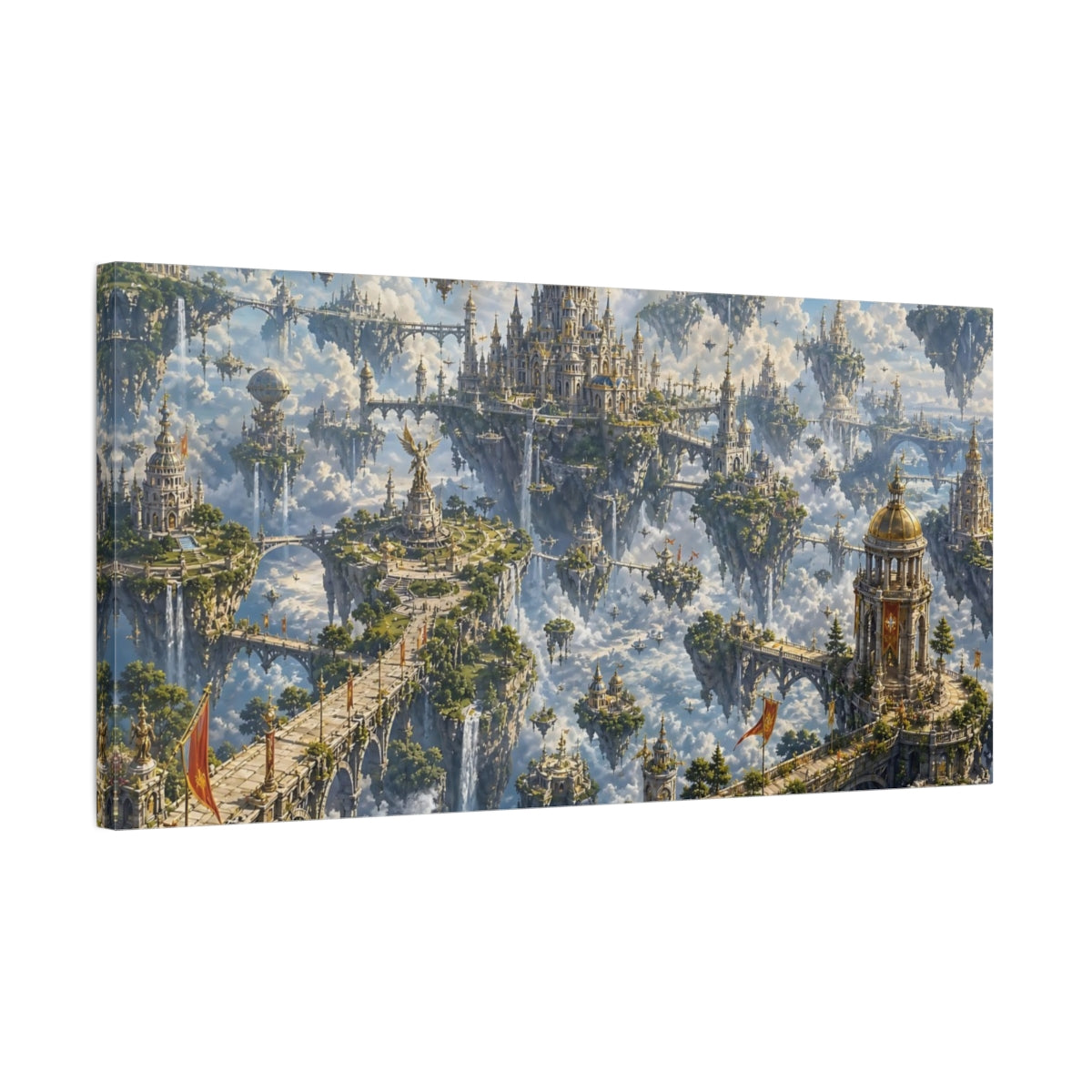 Side Mockup 1. Science Fiction Floating City Blue And Gold shown as stretched canvas wall art