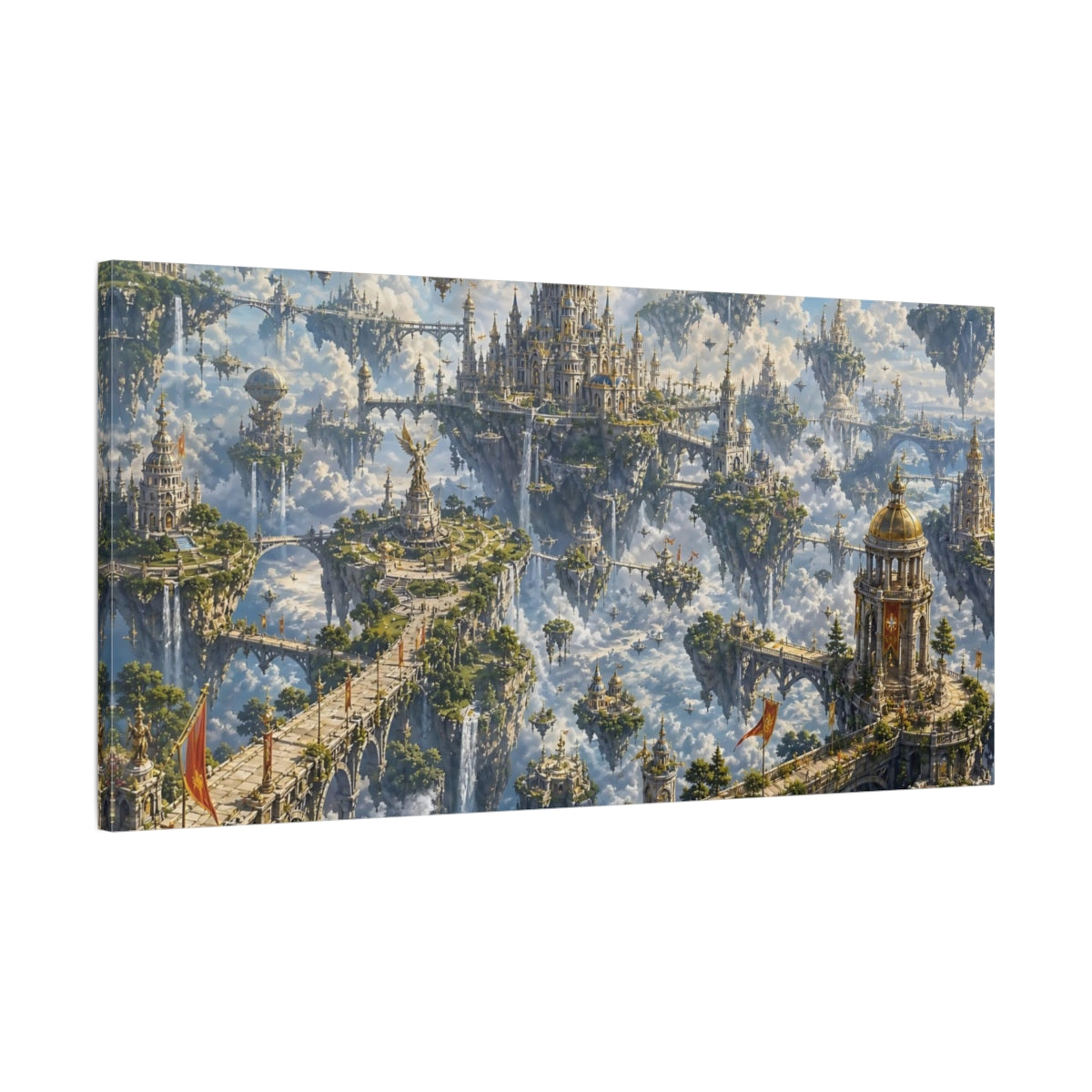 Main Mockup. Science Fiction Floating City Blue And Gold shown as stretched canvas wall art