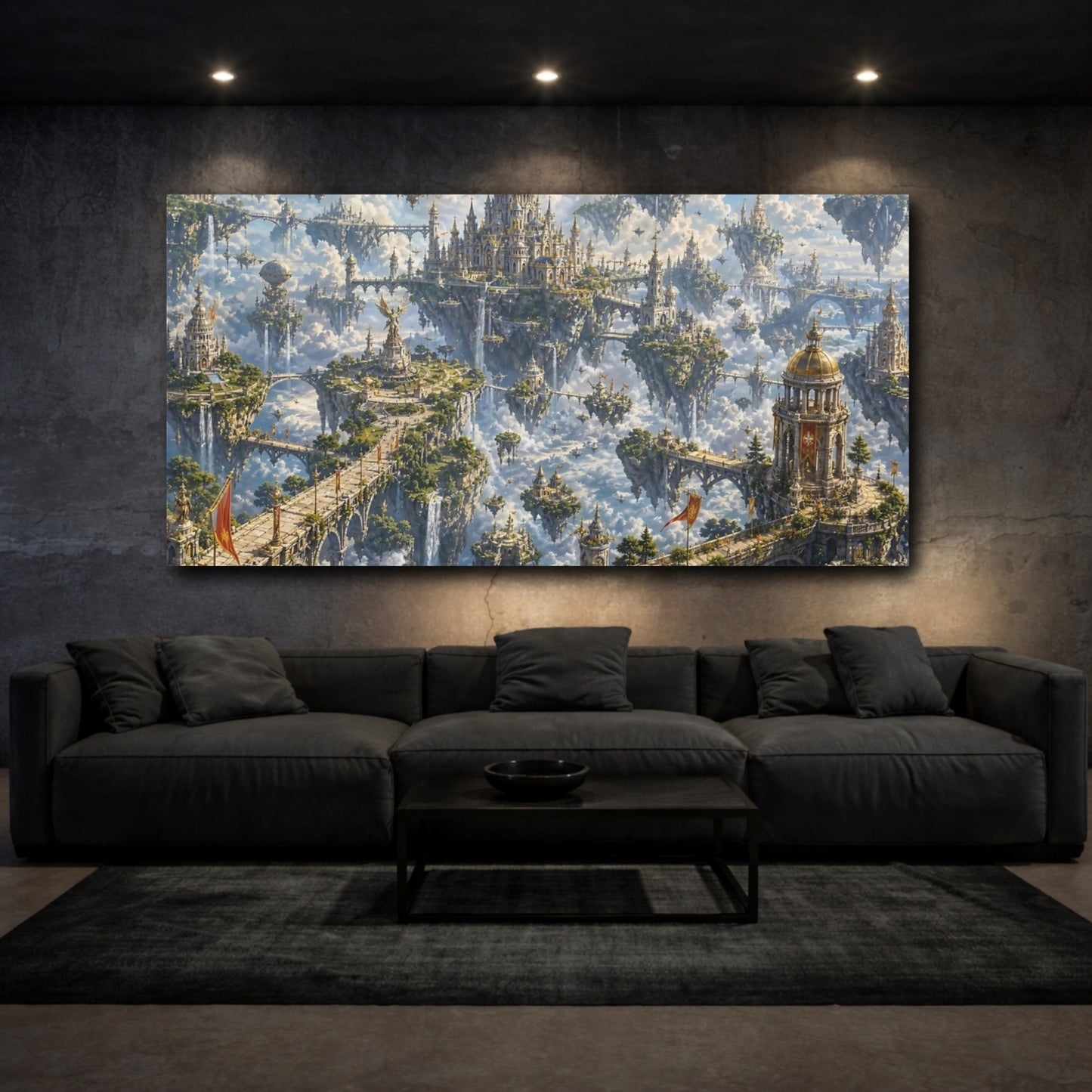 Mockup 2. Science Fiction Floating City Blue And Gold shown as stretched canvas wall art