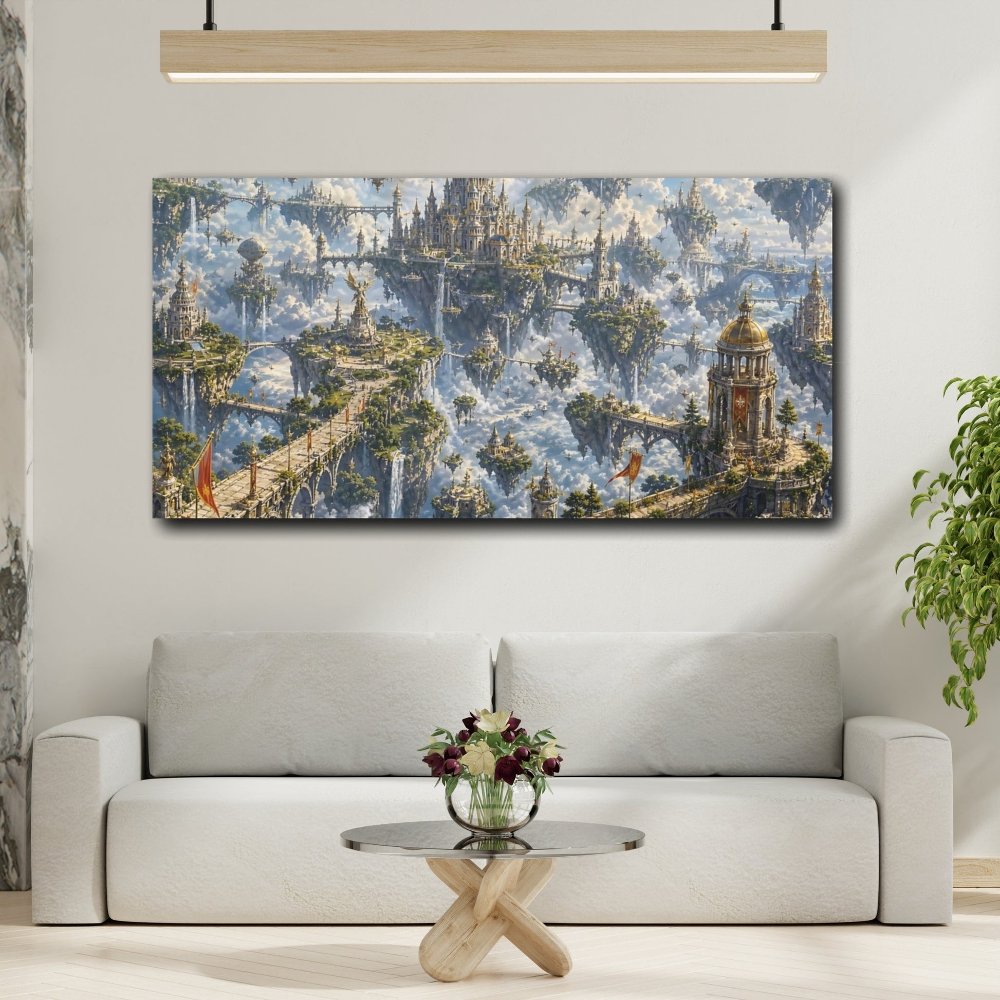 Mockup 3. Science Fiction Floating City Blue And Gold shown as stretched canvas wall art