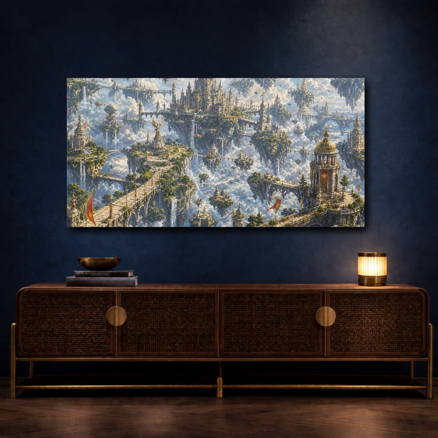 Mockup 4. Science Fiction Floating City Blue And Gold shown as stretched canvas wall art