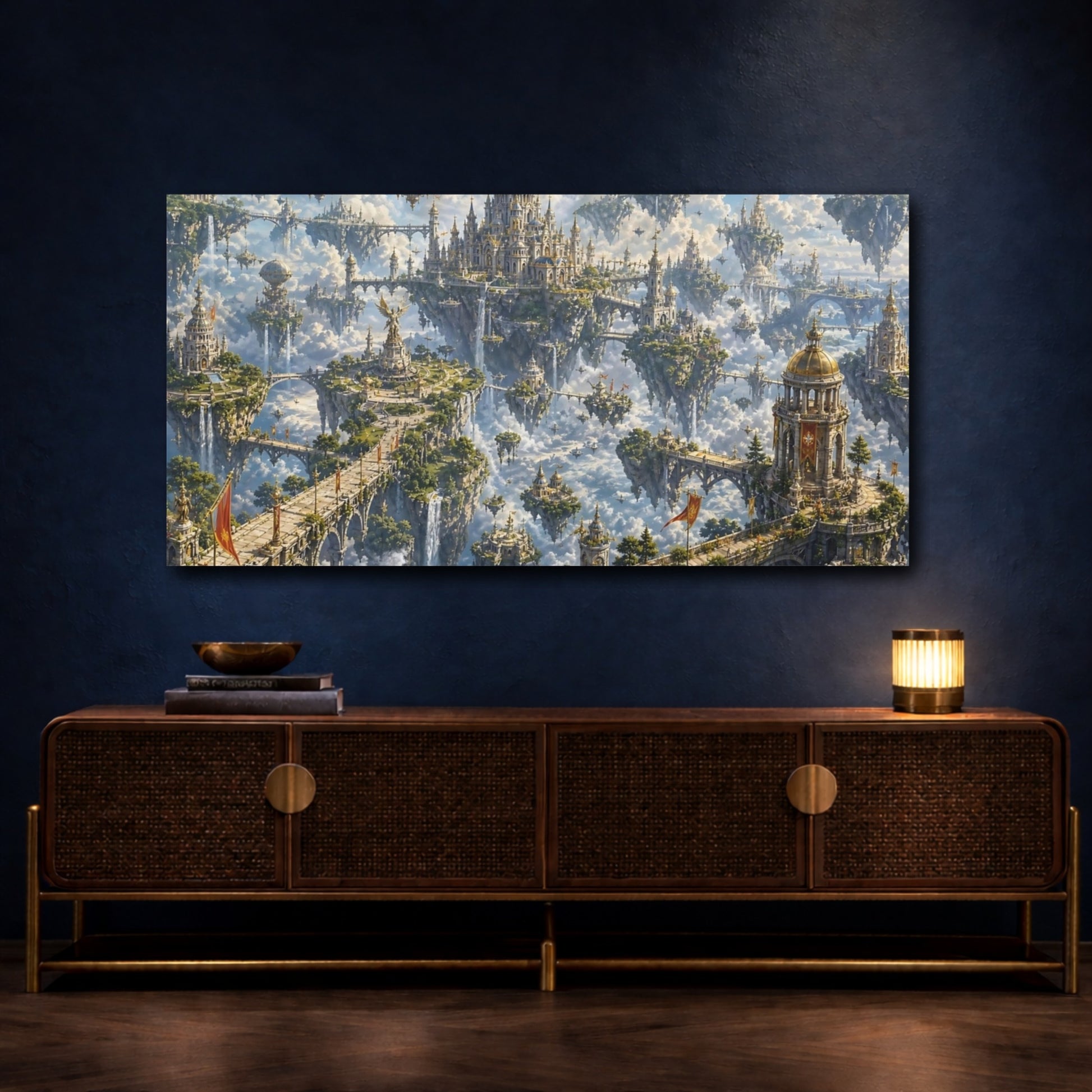Mockup 4. Science Fiction Floating City Blue And Gold shown as stretched canvas wall art