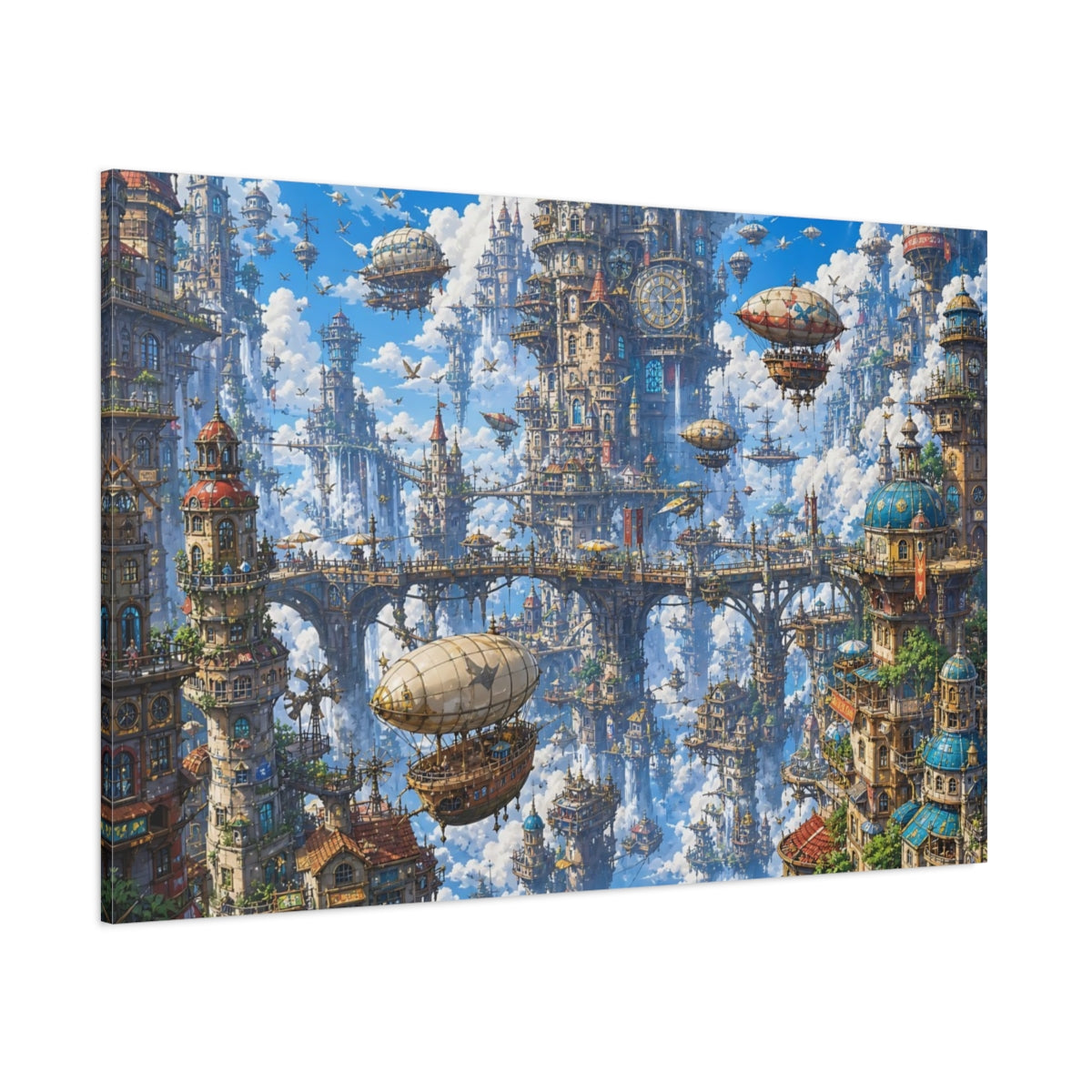 Side Mockup 1. Science Fiction Floating City Blue Fantasy City shown as stretched canvas wall art