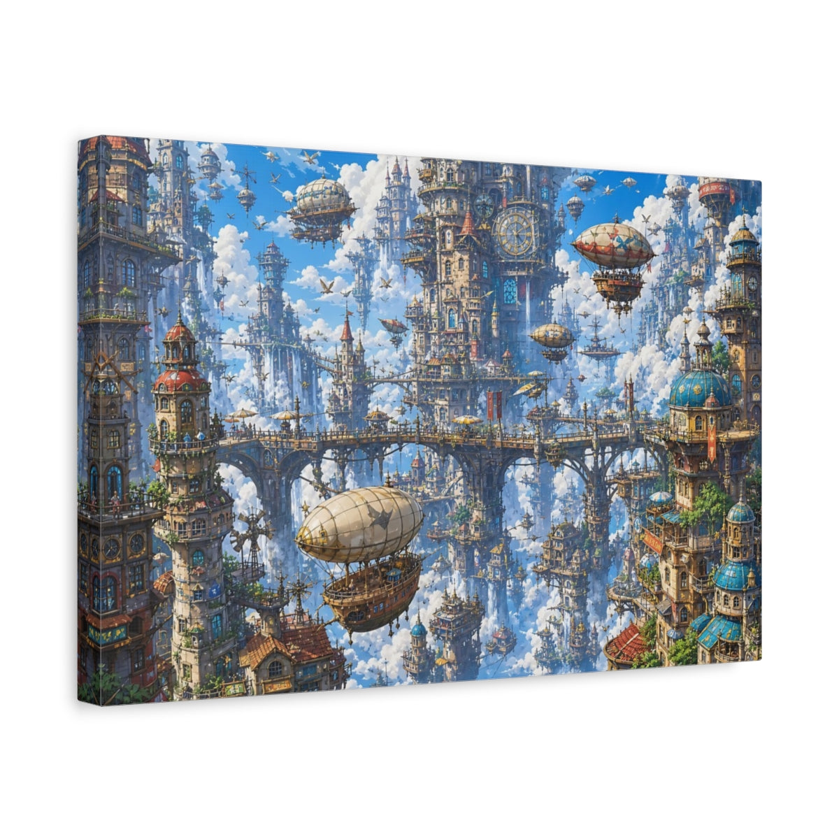 Side Mockup 4. Science Fiction Floating City Blue Fantasy City shown as stretched canvas wall art