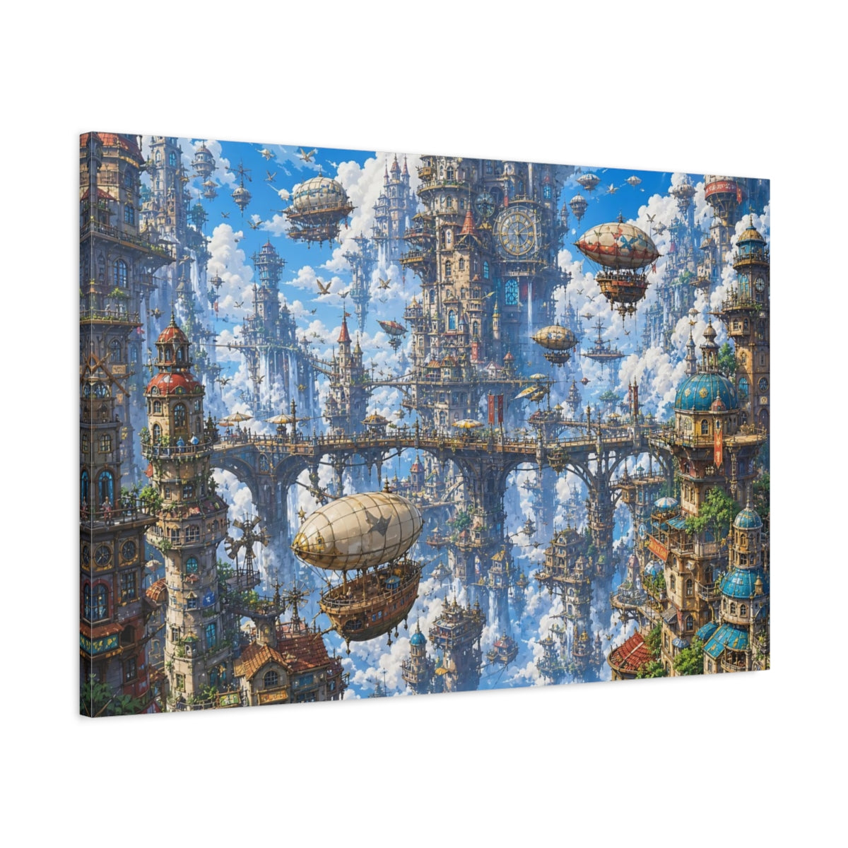 Main Mockup. Science Fiction Floating City Blue Fantasy City shown as stretched canvas wall art