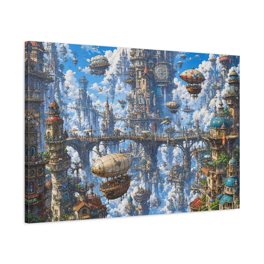 Main Mockup. Science Fiction Floating City Blue Fantasy City shown as stretched canvas wall art