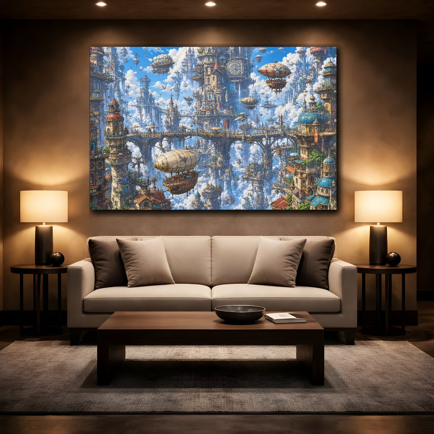 Mockup 2. Science Fiction Floating City Blue Fantasy City shown as stretched canvas wall art