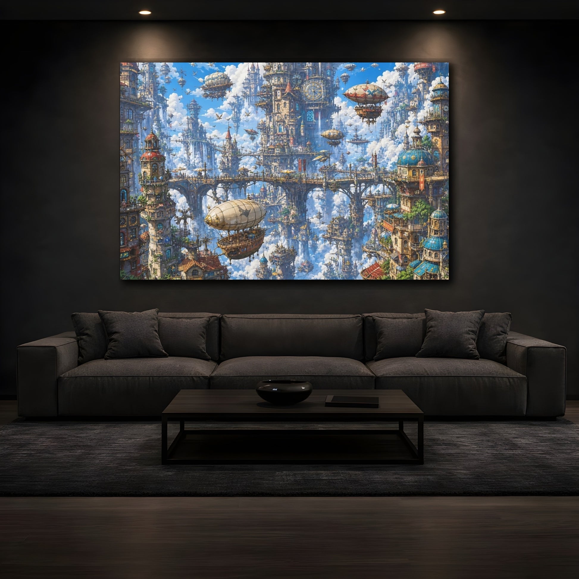 Mockup 3. Science Fiction Floating City Blue Fantasy City shown as stretched canvas wall art