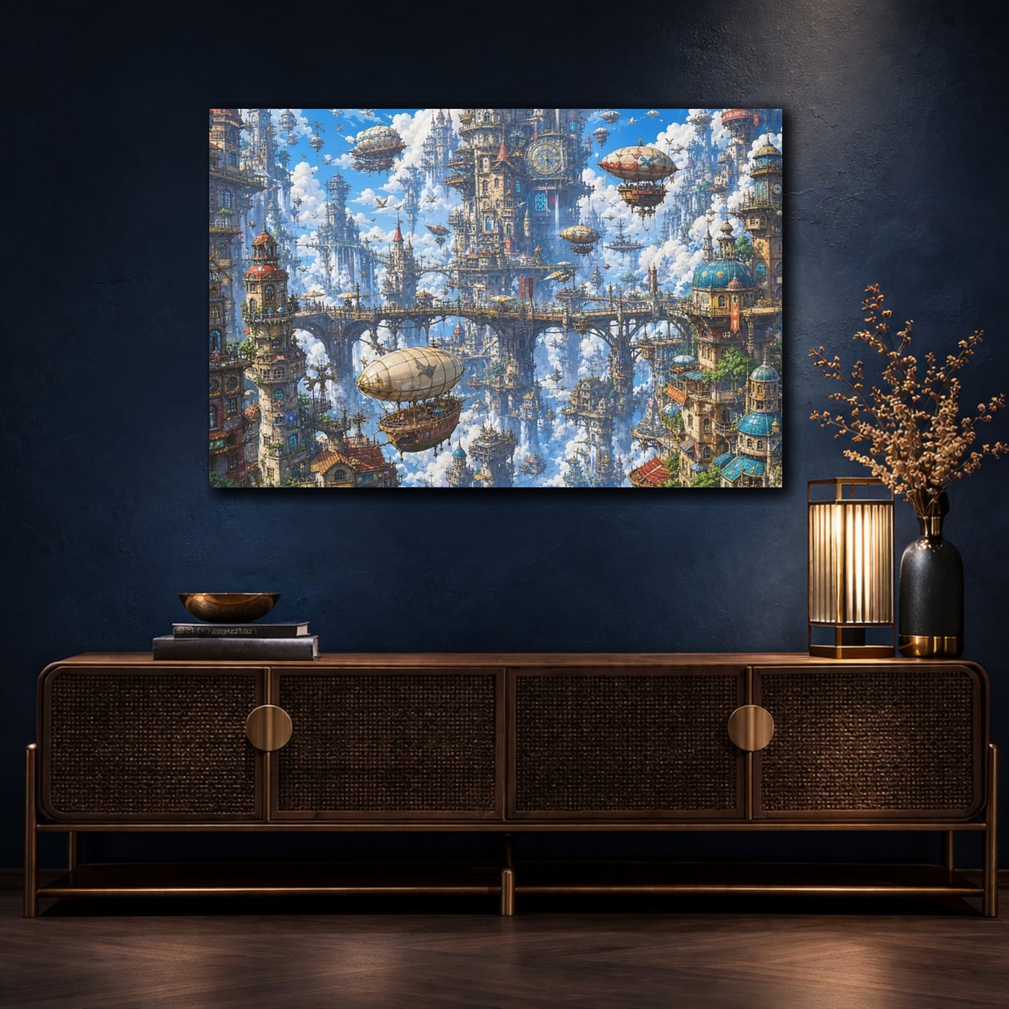Mockup 4. Science Fiction Floating City Blue Fantasy City shown as stretched canvas wall art