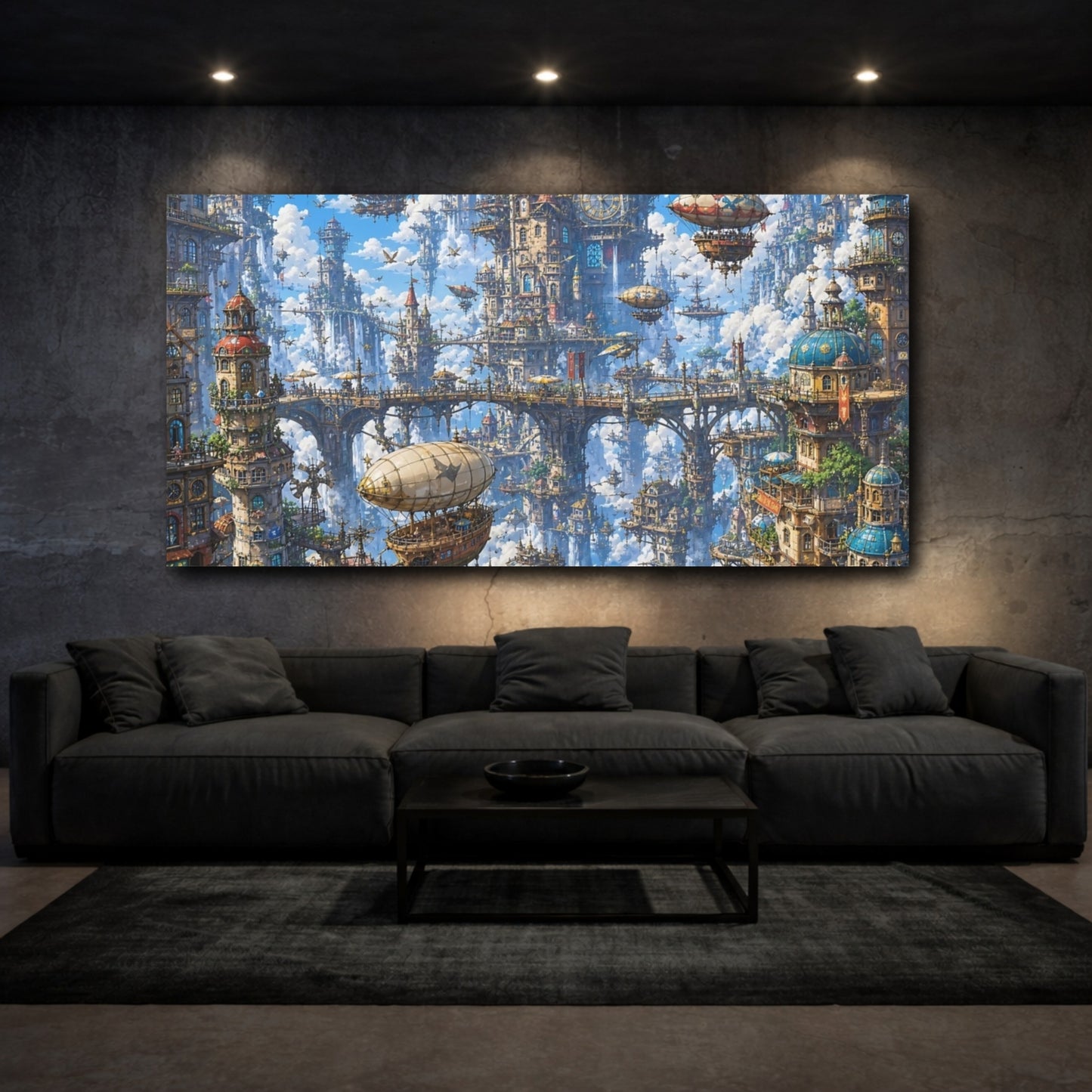Mockup 2. Science Fiction Floating City Blue Steampunk City shown as stretched canvas wall art