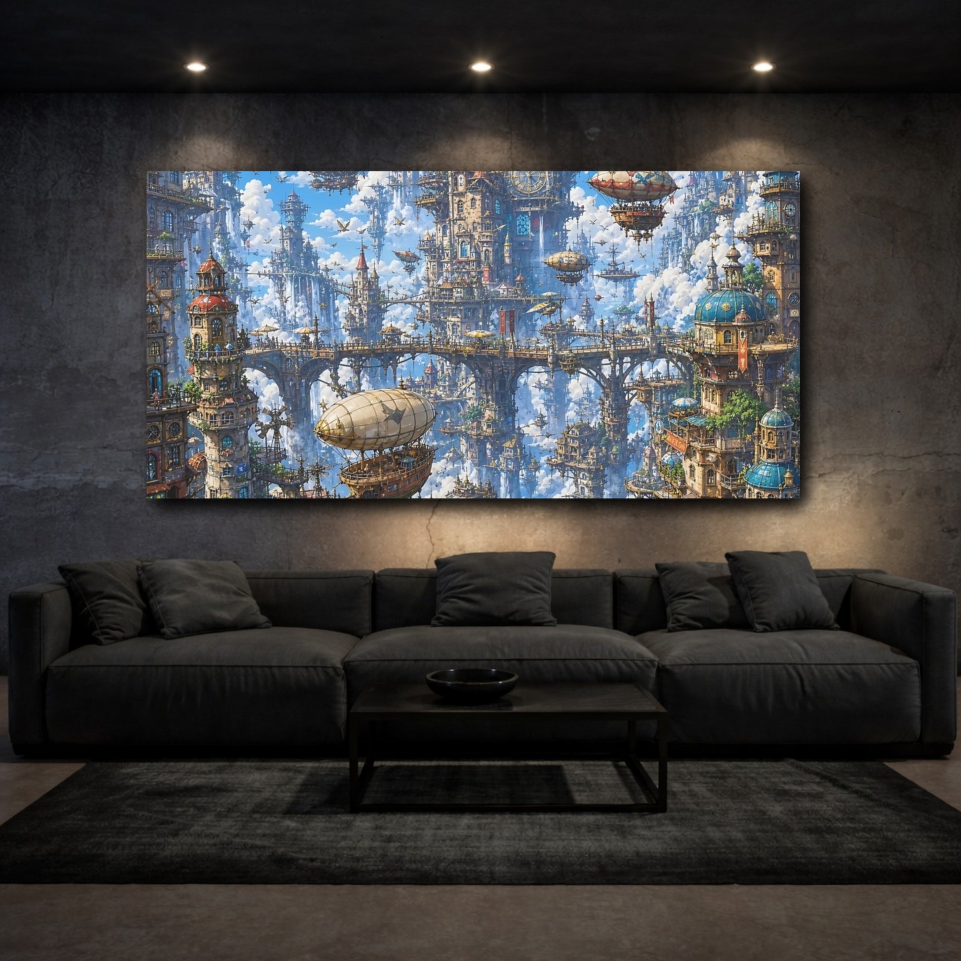 Mockup 2. Science Fiction Floating City Blue Steampunk City shown as stretched canvas wall art