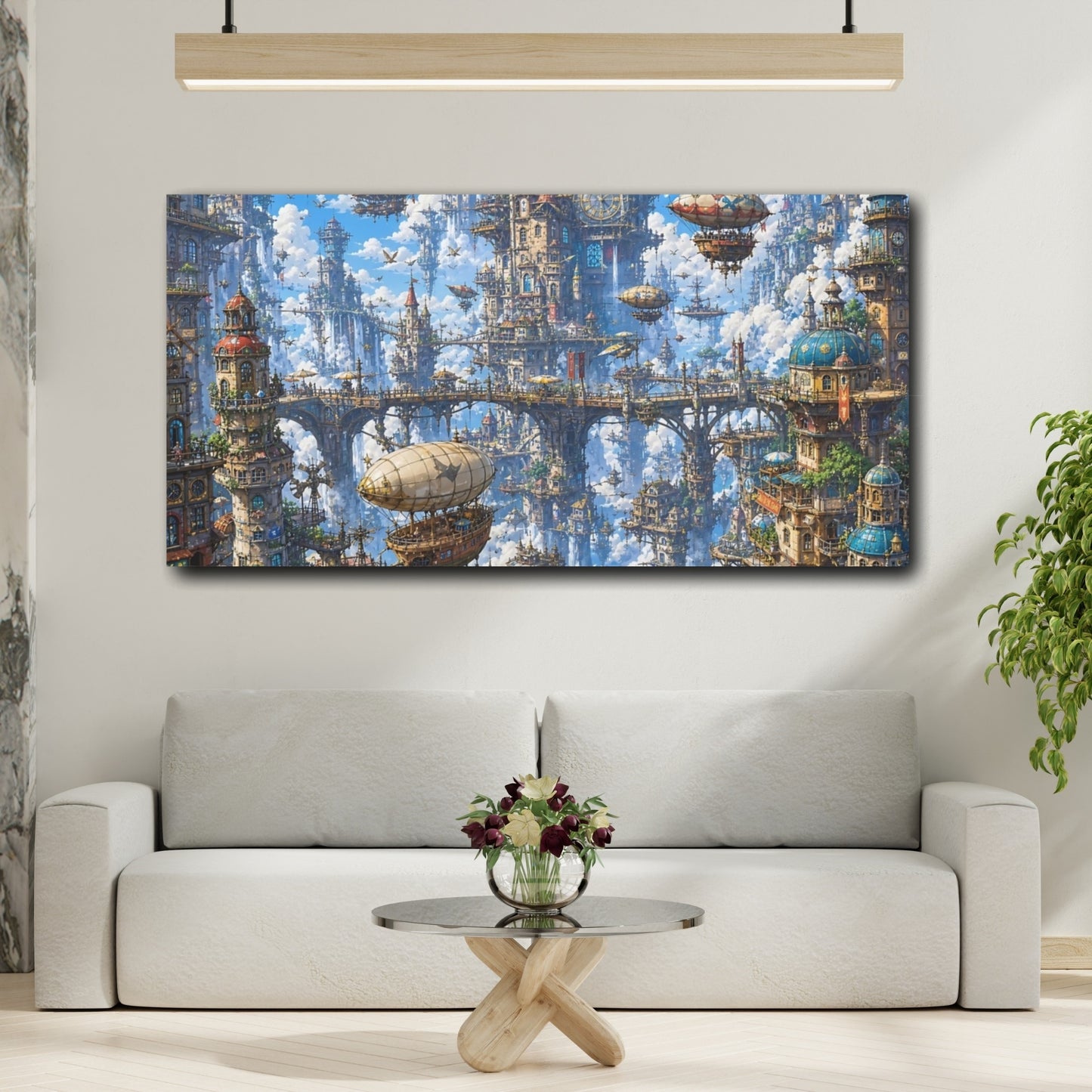 Mockup 3. Science Fiction Floating City Blue Steampunk City shown as stretched canvas wall art
