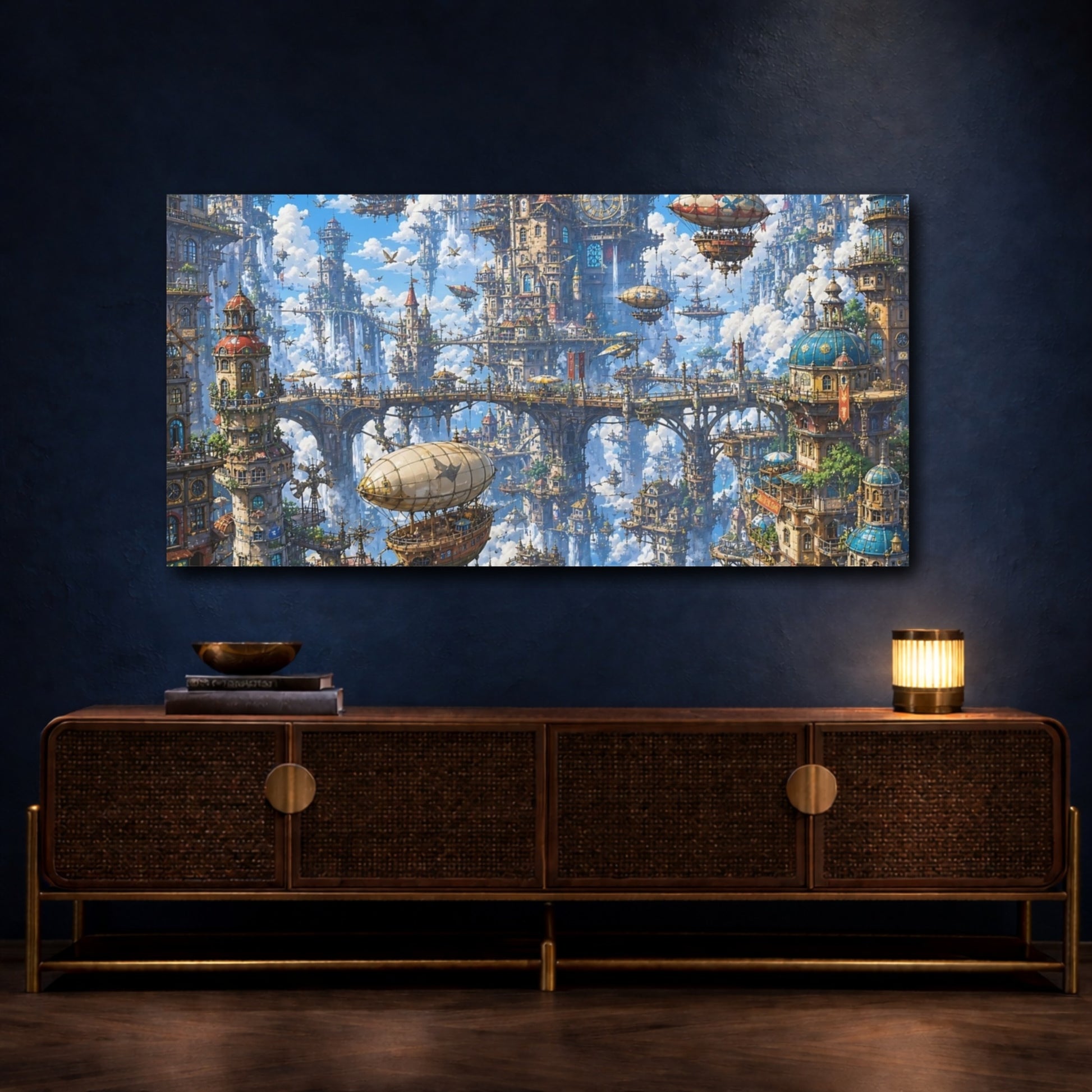 Mockup 4. Science Fiction Floating City Blue Steampunk City shown as stretched canvas wall art