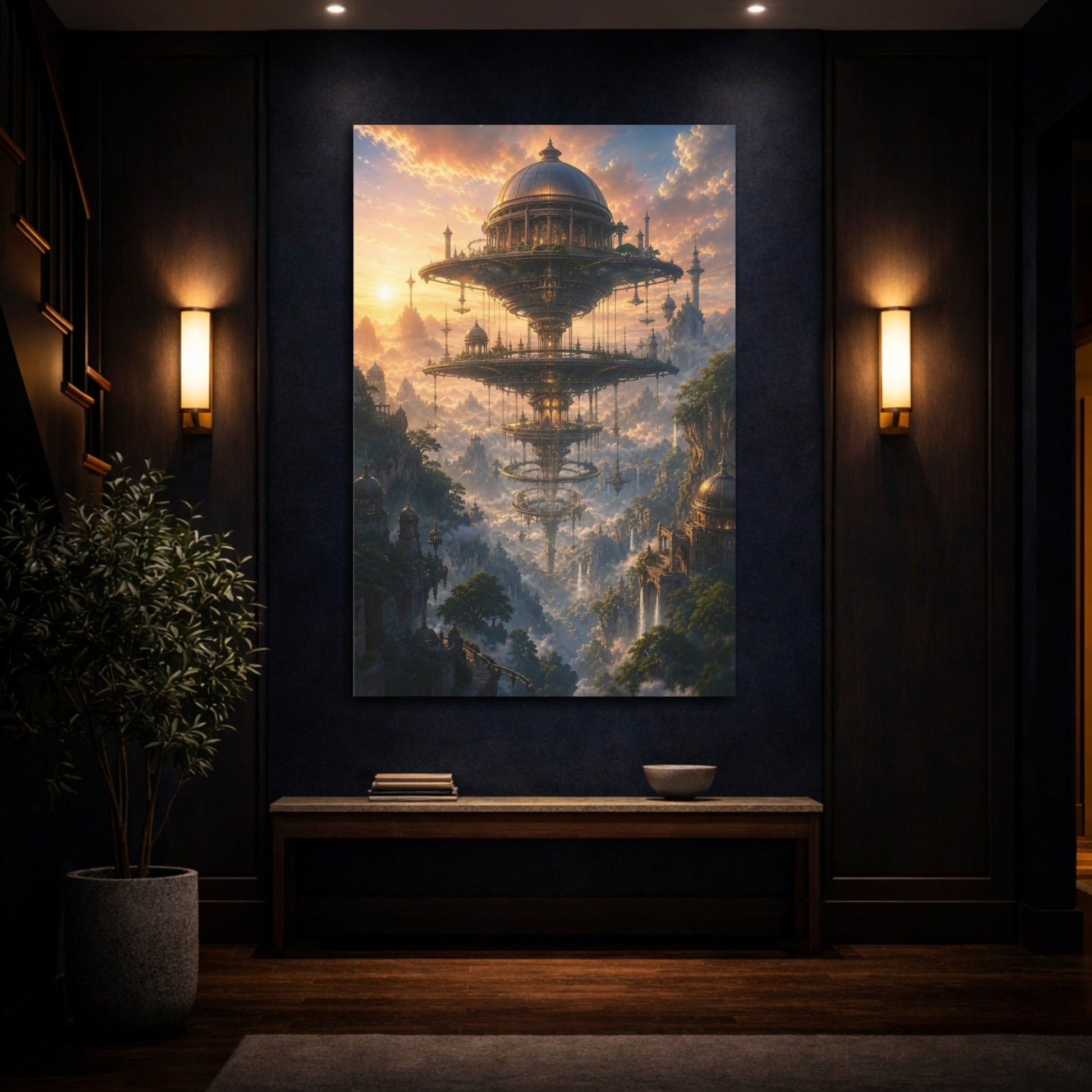 Science Fiction Floating City Fantastical Sky Canvas Wall Art Print – Living Room, Large - YesArtYes