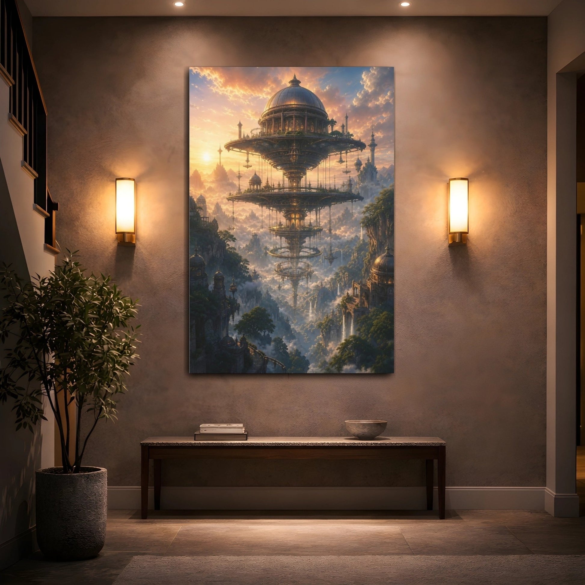 Science Fiction Floating City Fantastical Sky Canvas Wall Art Print – Living Room, Large - YesArtYes