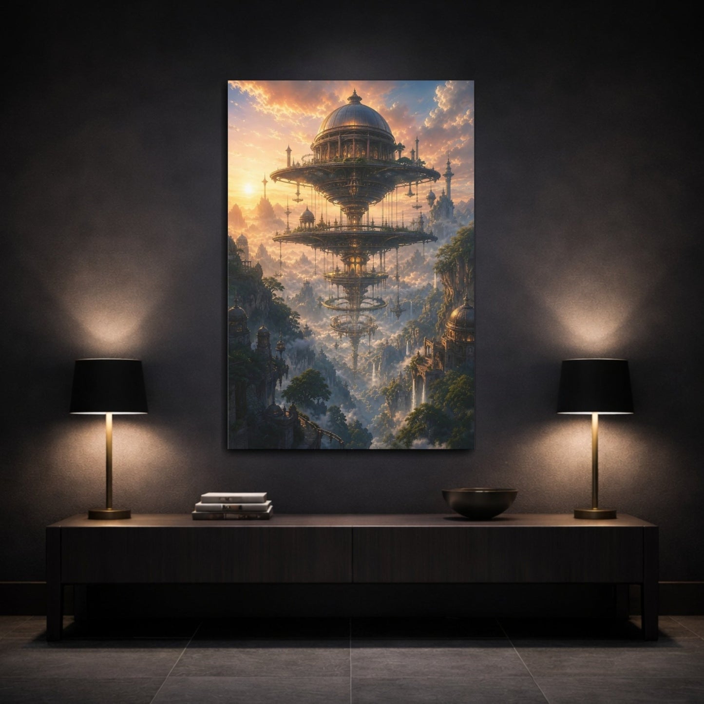 Science Fiction Floating City Fantastical Sky Canvas Wall Art Print – Living Room, Large - YesArtYes