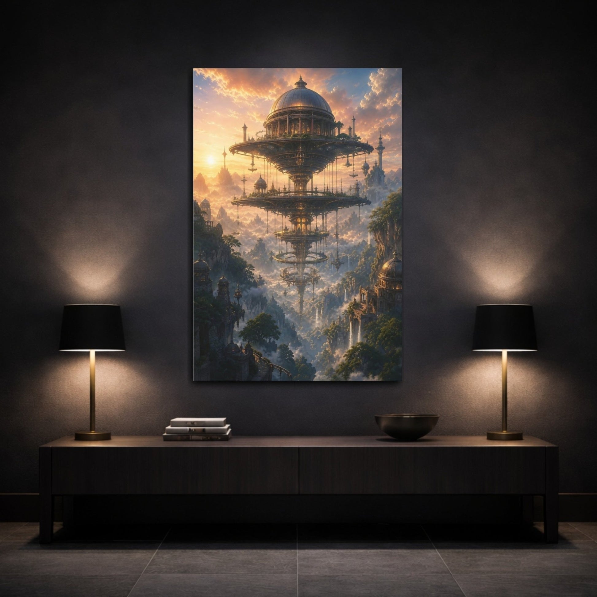 Science Fiction Floating City Fantastical Sky Canvas Wall Art Print – Living Room, Large - YesArtYes