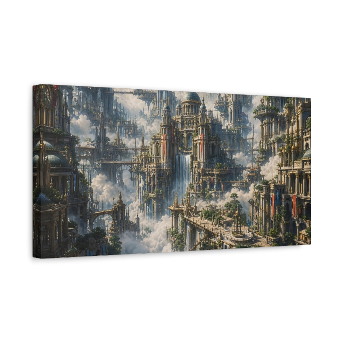 Side Mockup 3. Science Fiction Floating City Fantasy Sky City shown as stretched canvas wall art