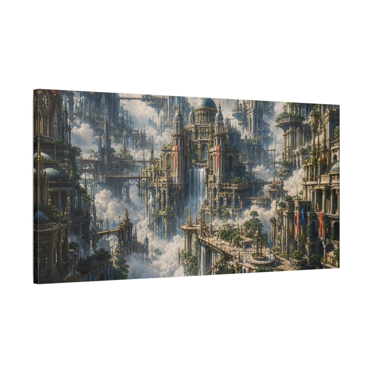 Main Mockup. Science Fiction Floating City Fantasy Sky City shown as stretched canvas wall art