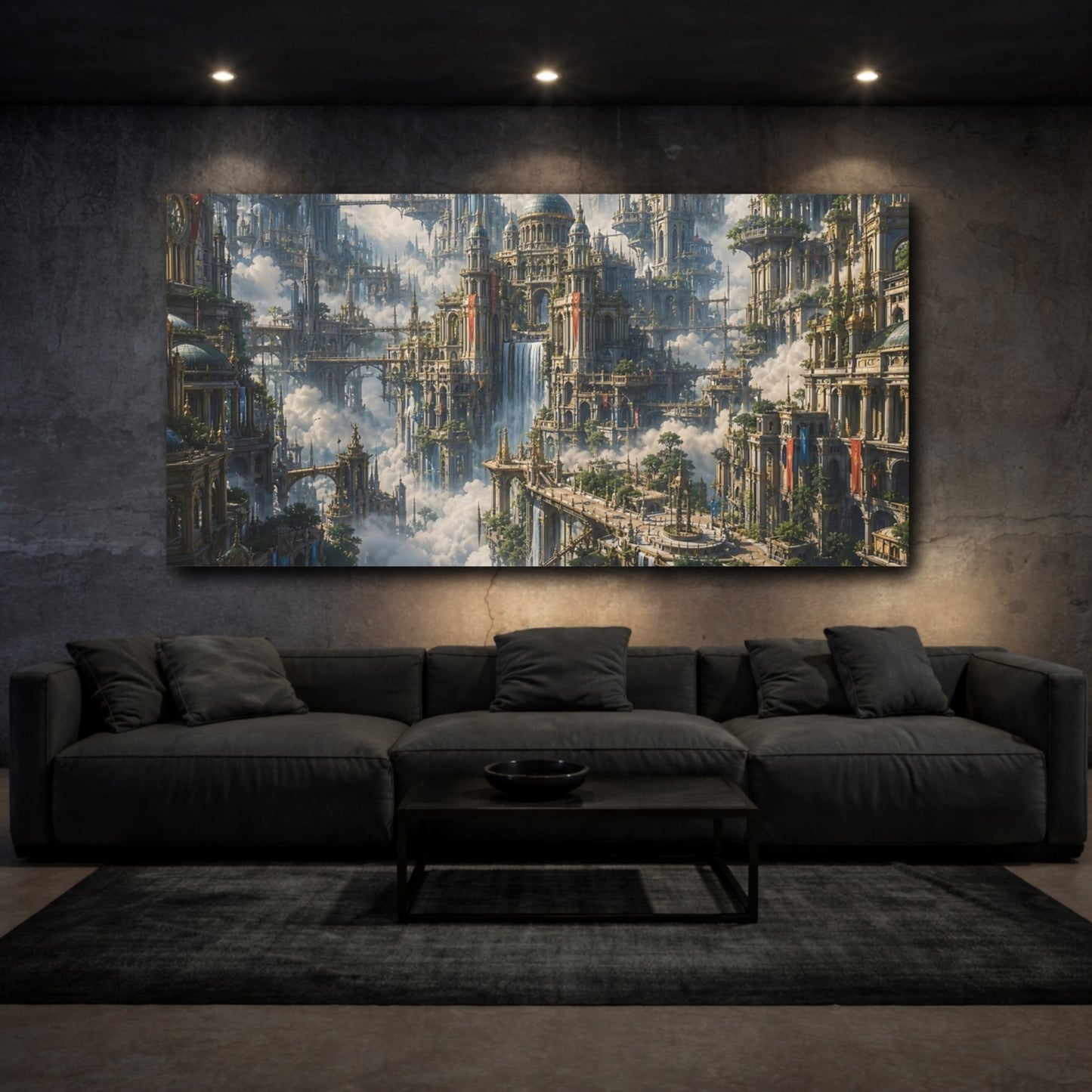 Mockup 2. Science Fiction Floating City Fantasy Sky City shown as stretched canvas wall art