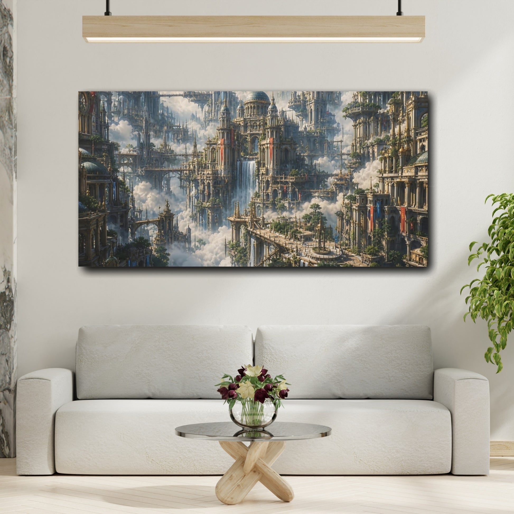 Mockup 3. Science Fiction Floating City Fantasy Sky City shown as stretched canvas wall art