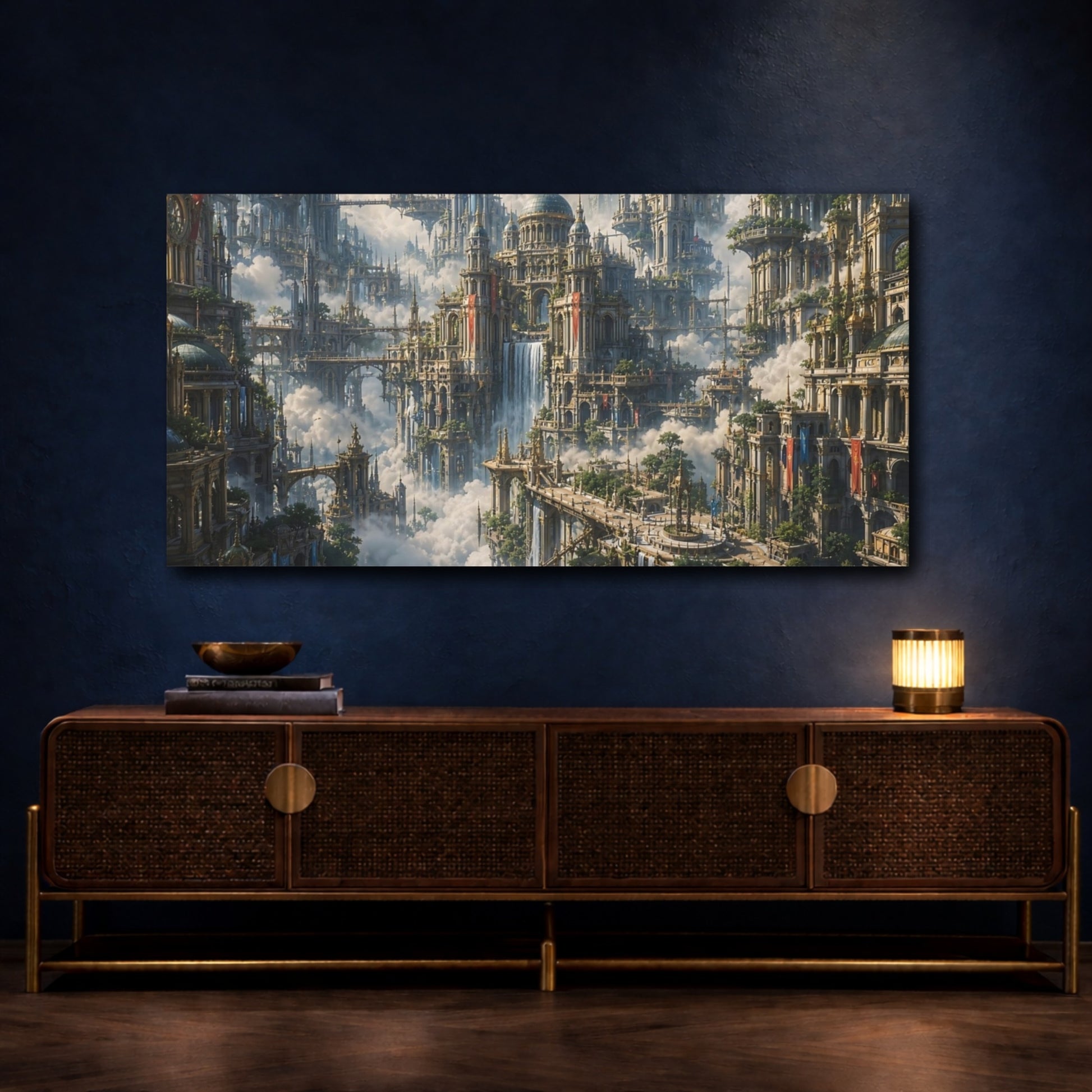 Mockup 4. Science Fiction Floating City Fantasy Sky City shown as stretched canvas wall art