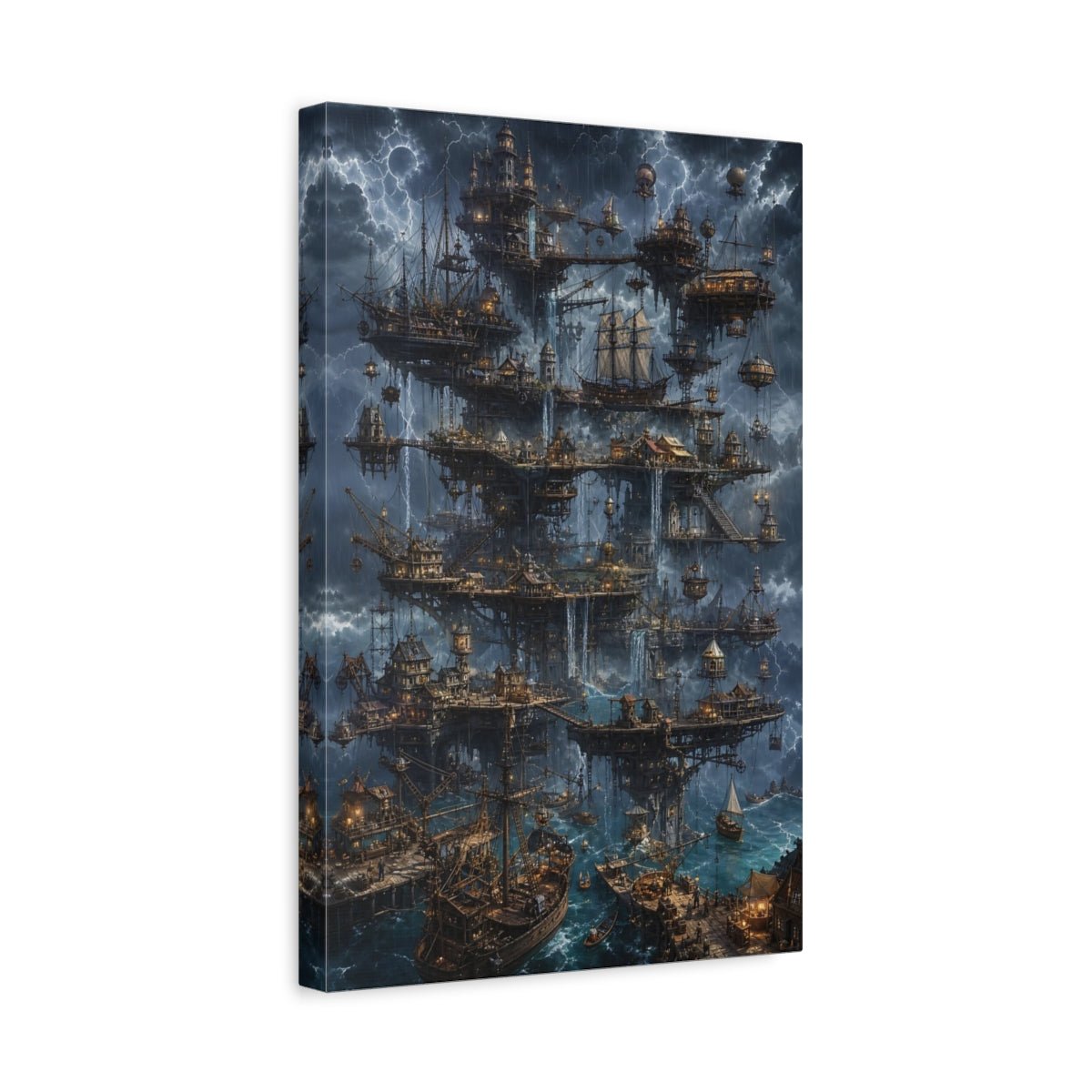 Science Fiction Floating City Stormy Fantasy Canvas Wall Art Print – Living Room Decor, Large - YesArtYes