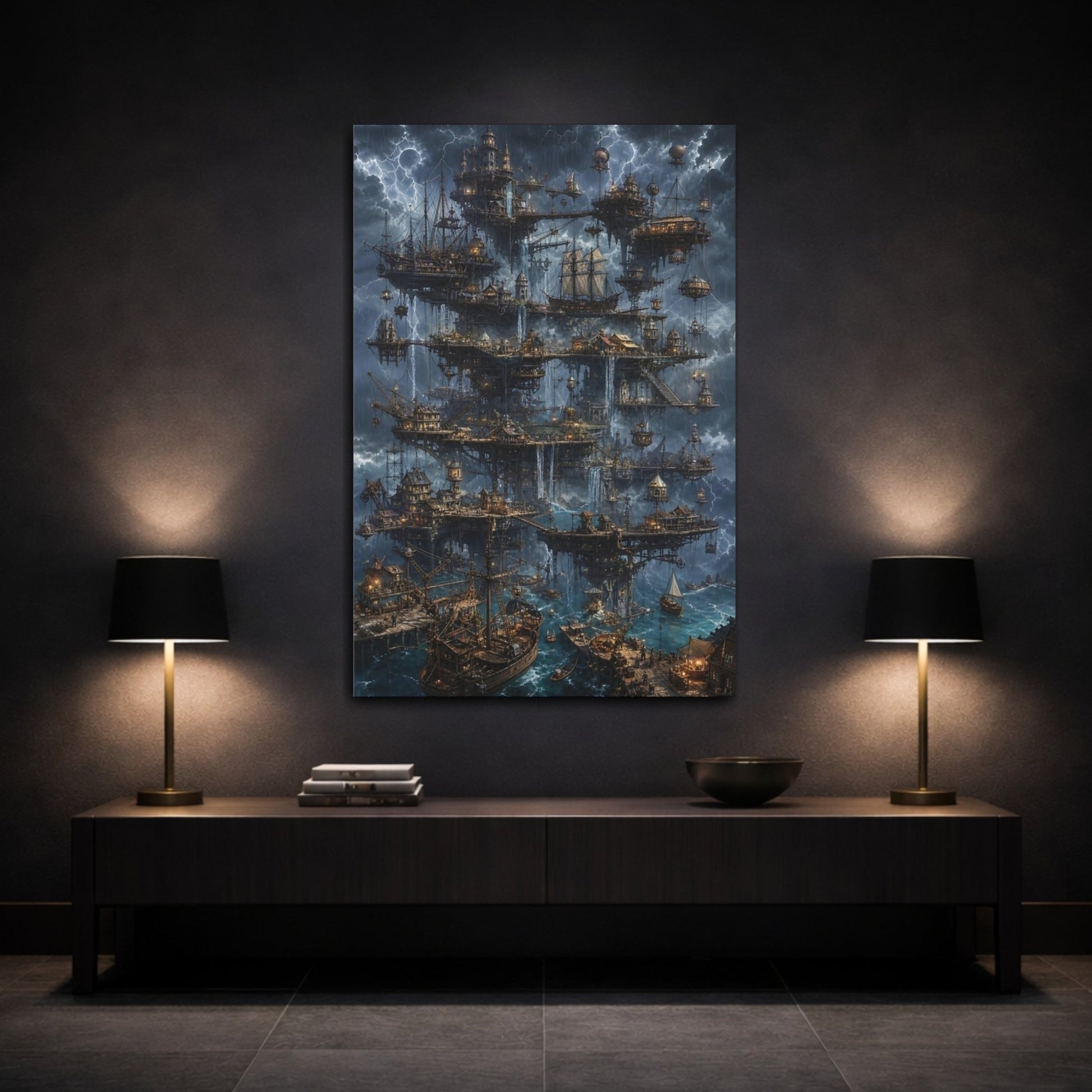 Science Fiction Floating City Stormy Fantasy Canvas Wall Art Print – Living Room Decor, Large - YesArtYes