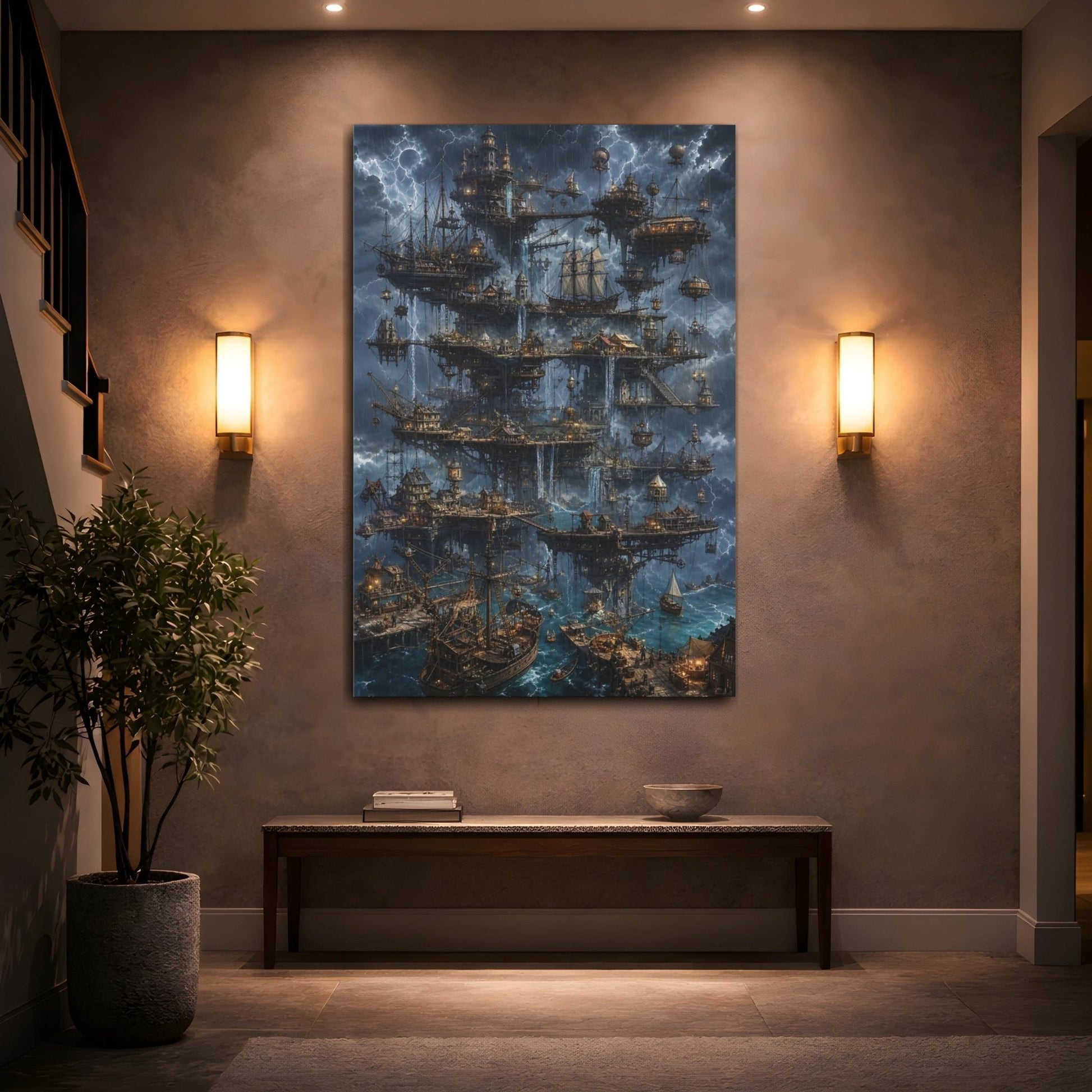 Science Fiction Floating City Stormy Fantasy Canvas Wall Art Print – Living Room Decor, Large - YesArtYes