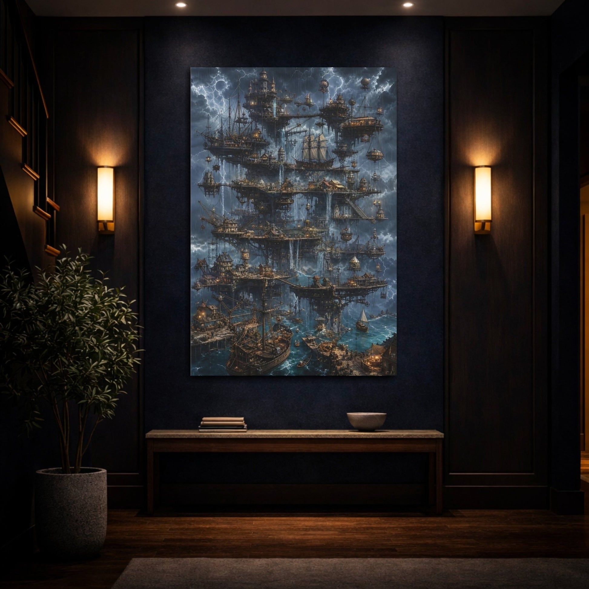 Science Fiction Floating City Stormy Fantasy Canvas Wall Art Print – Living Room Decor, Large - YesArtYes