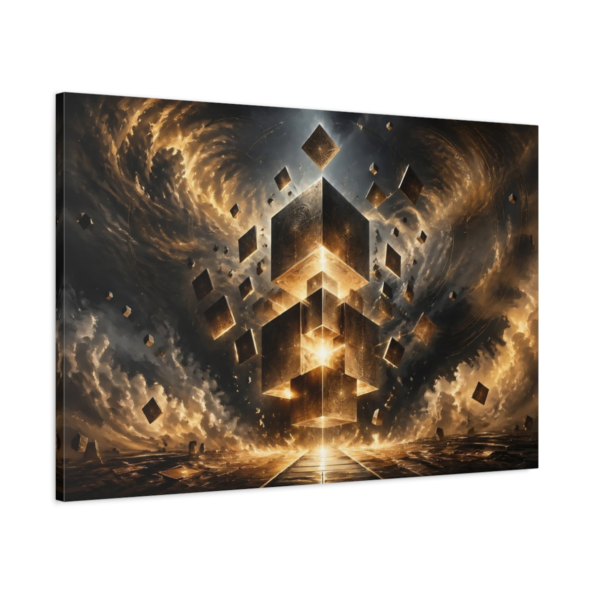 Main Mockup. Science Fiction Floating Cubes Gold And Black Abstract shown as stretched canvas wall art