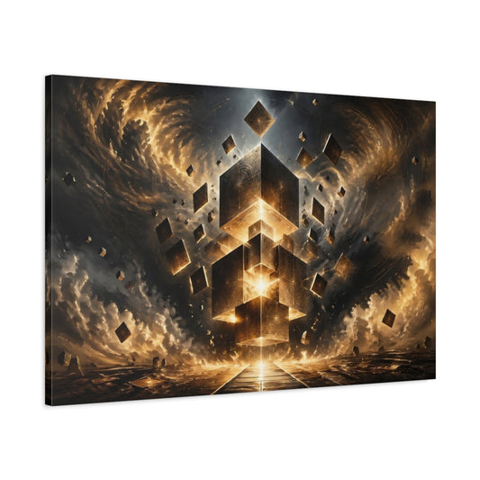 Main Mockup. Science Fiction Floating Cubes Gold And Black Abstract shown as stretched canvas wall art